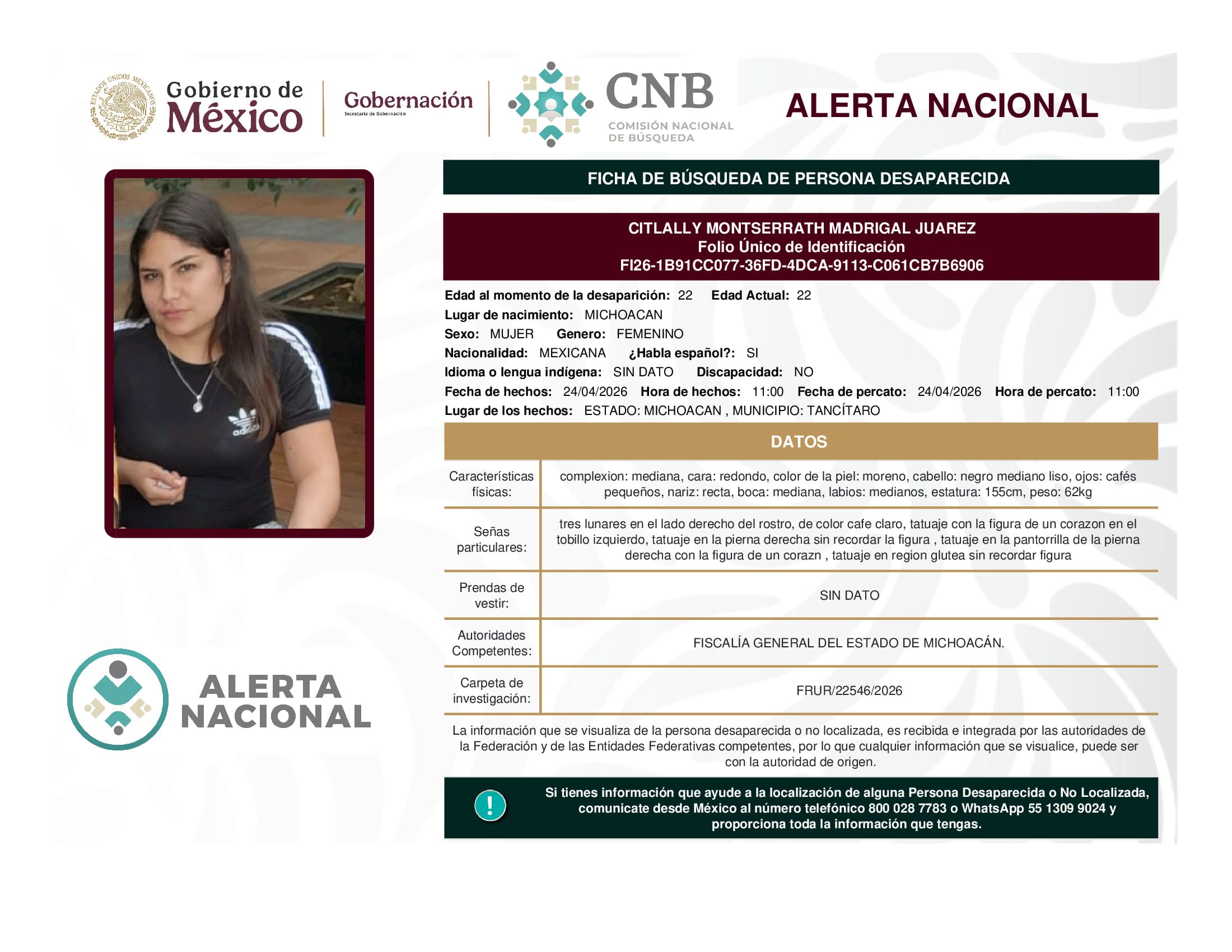 Persona desaparecida Citlally Montserrath Madrigal Juarez