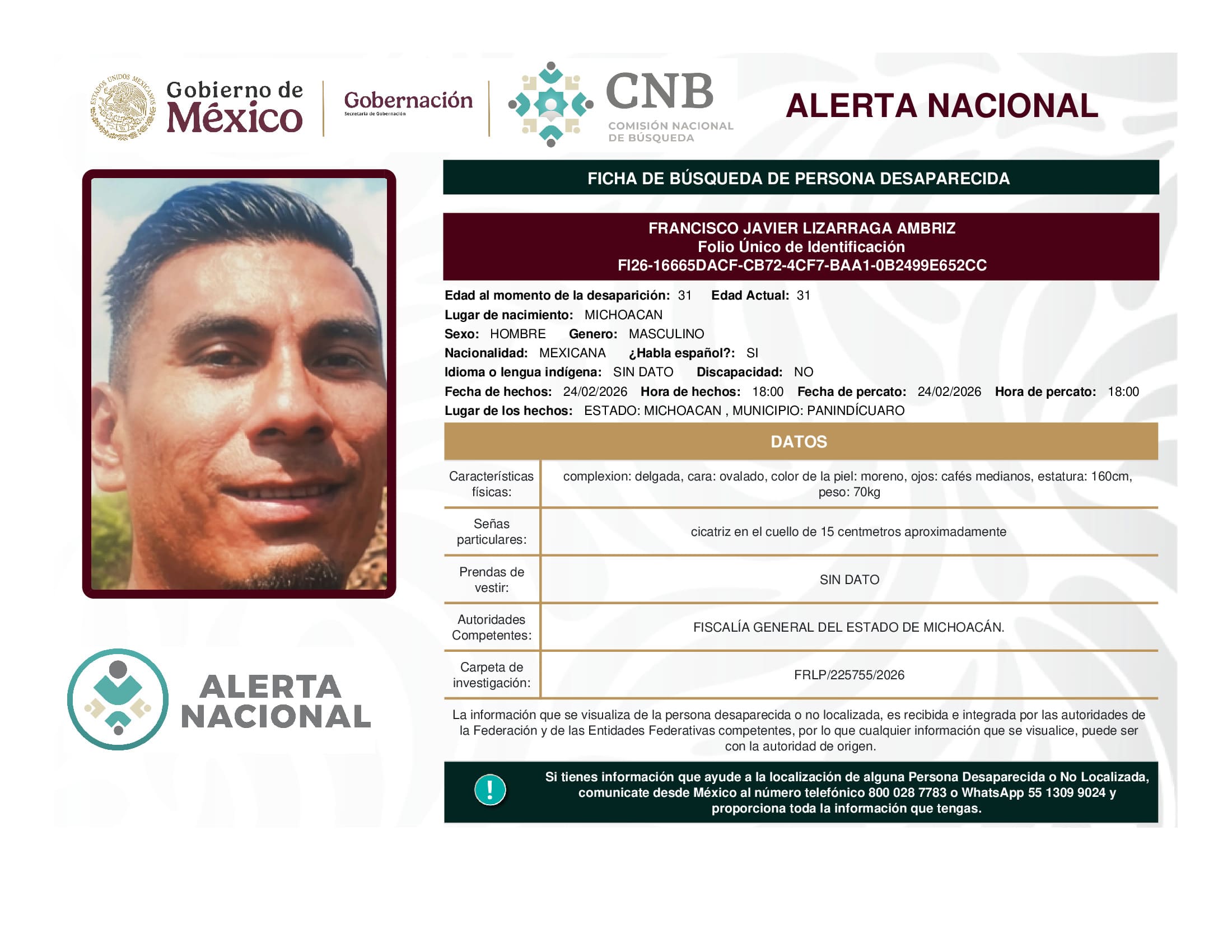 Persona desaparecida Francisco Javier Lizarraga Ambriz