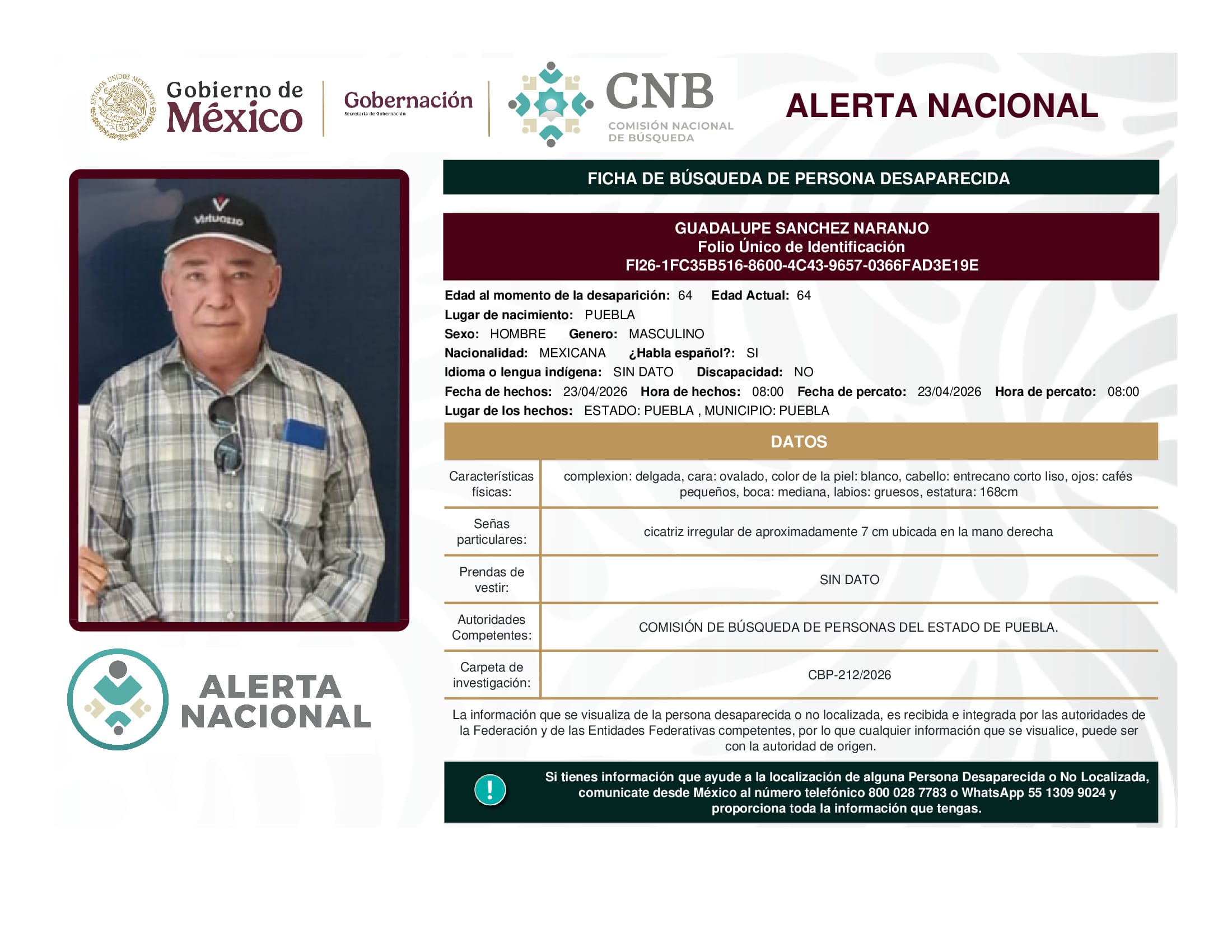 Persona desaparecida Guadalupe Sanchez Naranjo