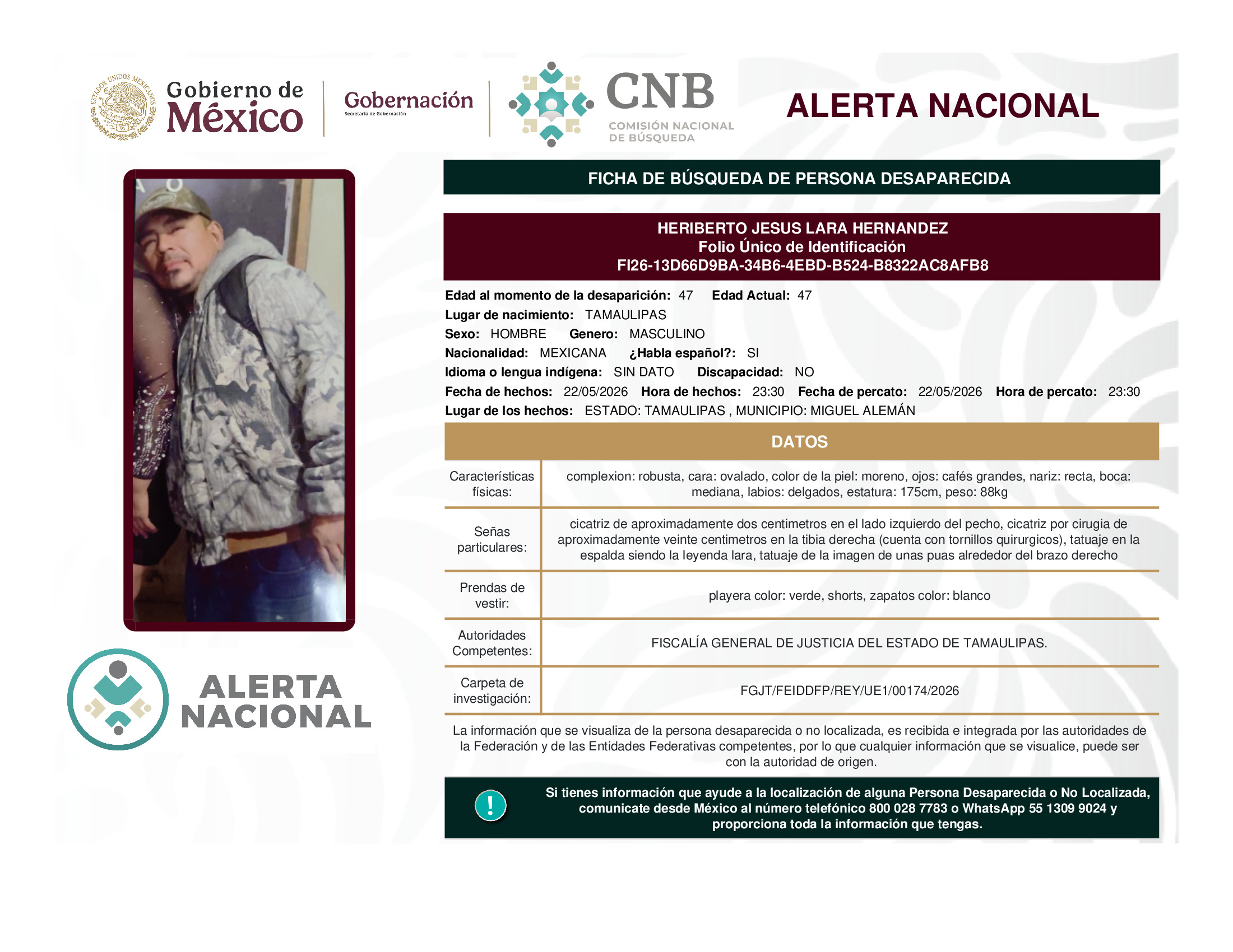 Persona desaparecida Heriberto Jesus Lara Hernandez