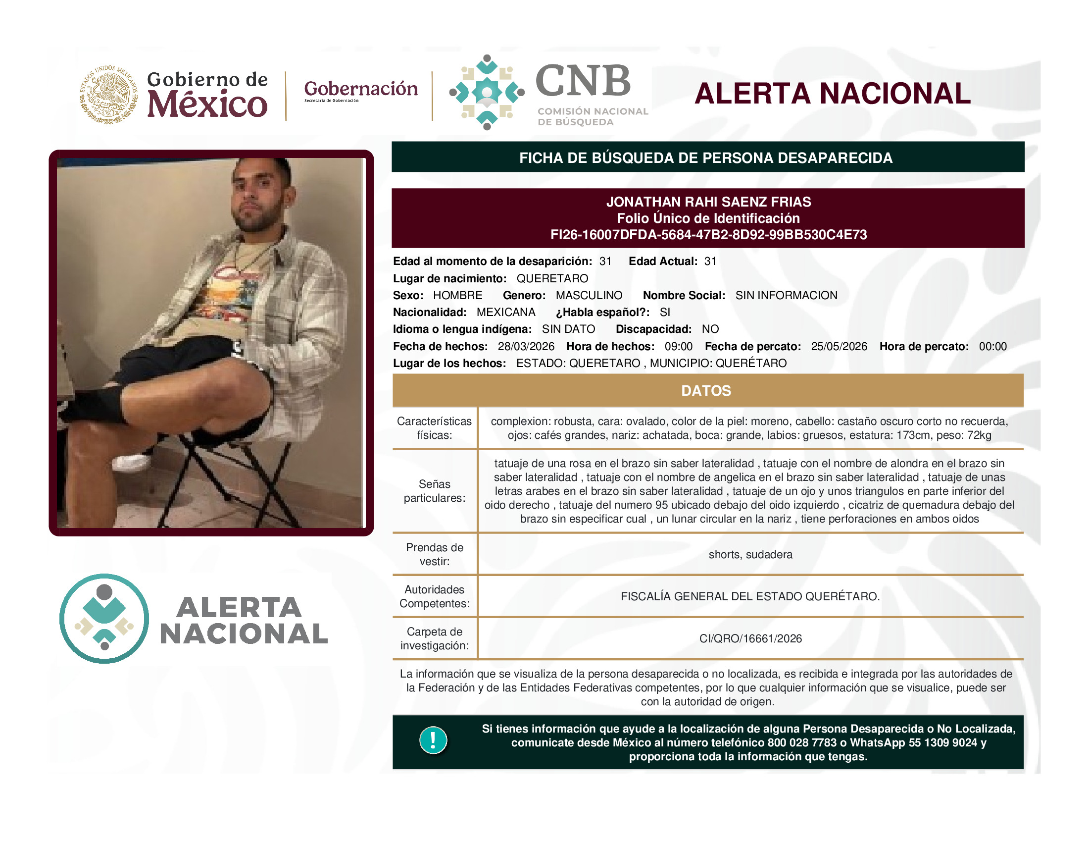 Persona desaparecida Jonathan Rahi Saenz Frias
