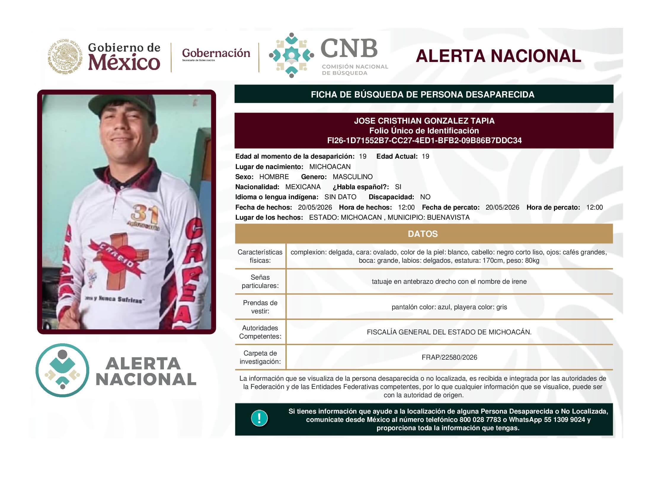 Persona desaparecida Jose Cristhian Gonzalez Tapia