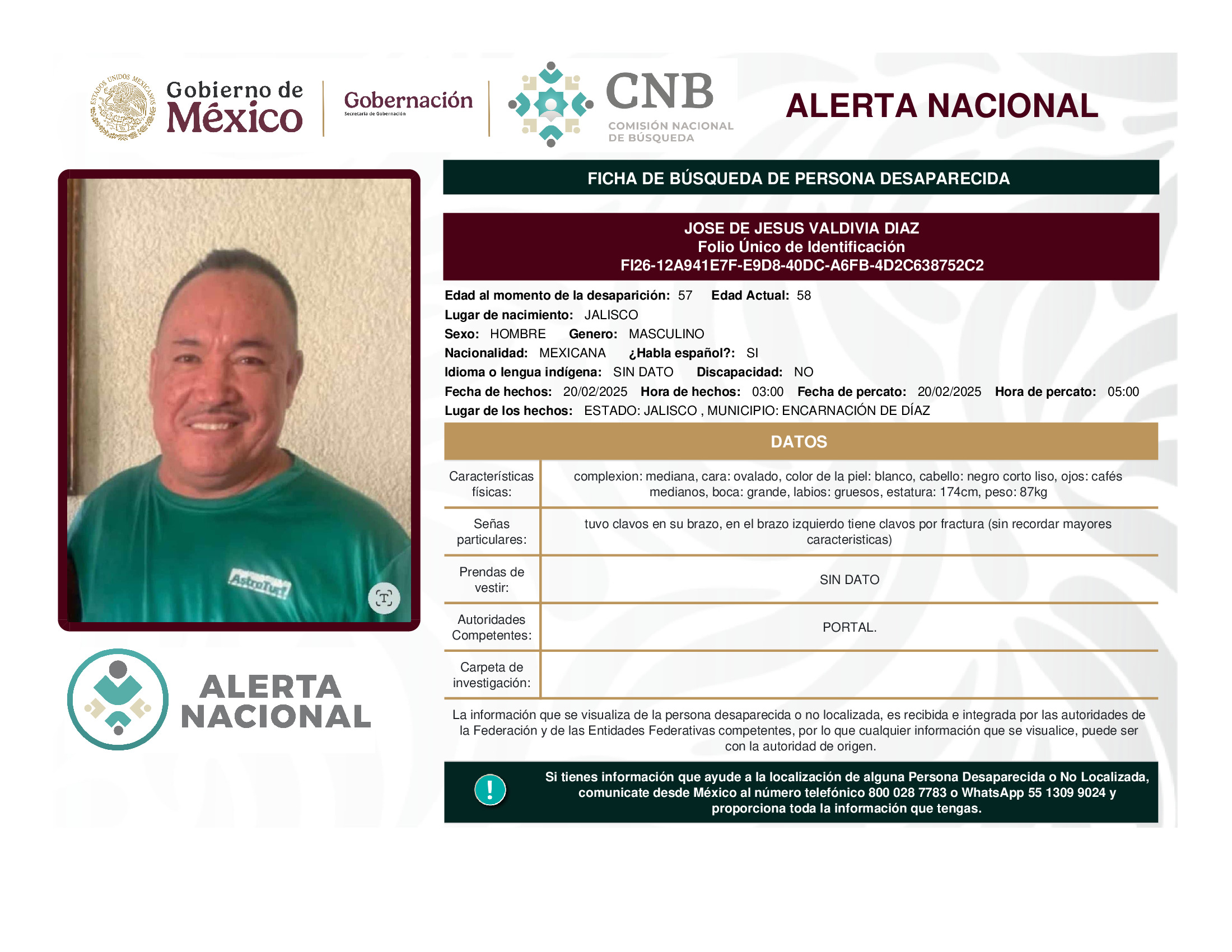 Persona desaparecida Jose De Jesus Valdivia Diaz