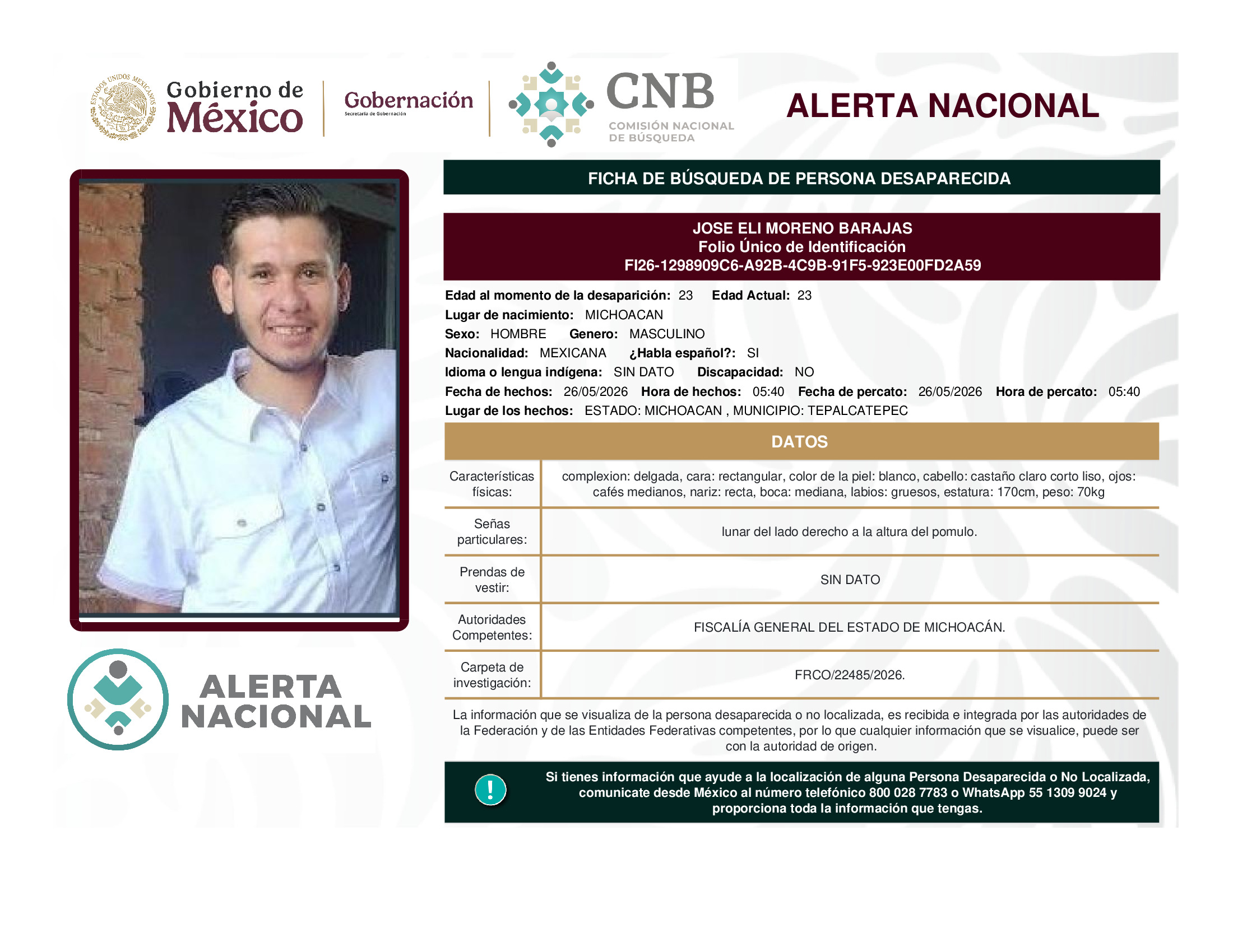 Persona desaparecida Jose Eli Moreno Barajas