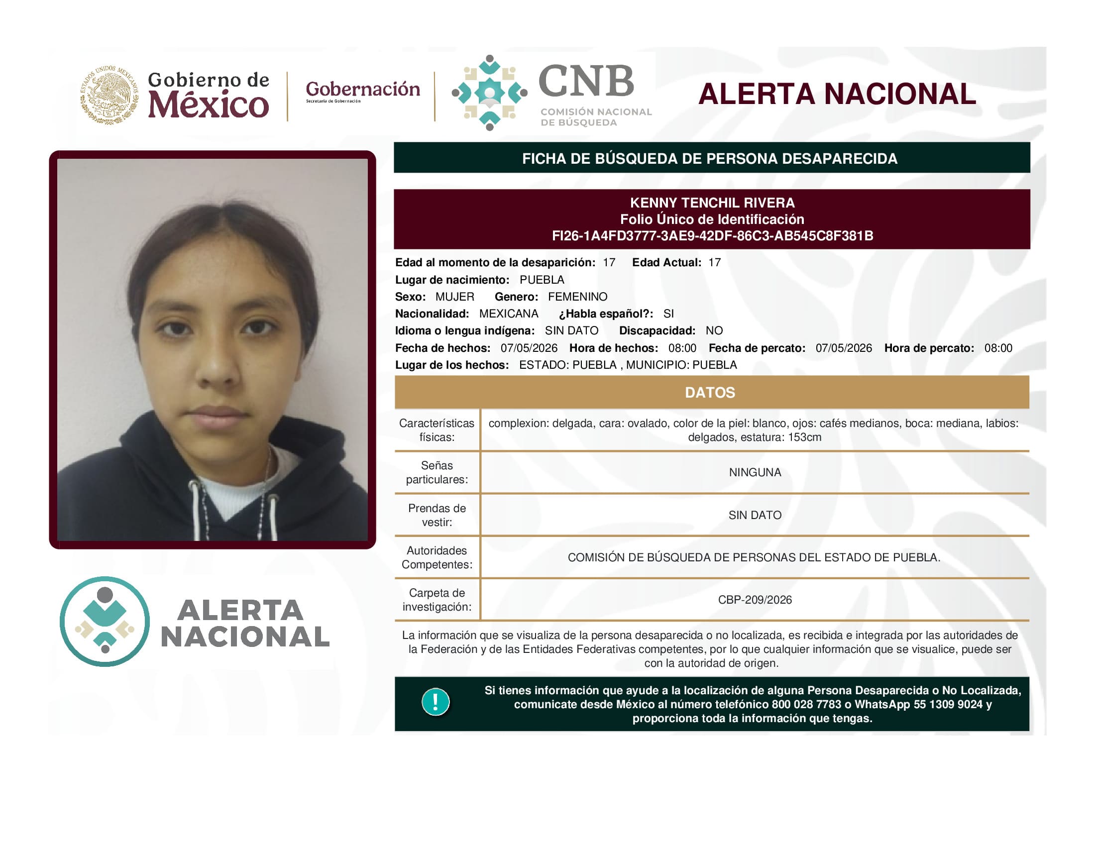 Persona desaparecida Kenny Tenchil Rivera