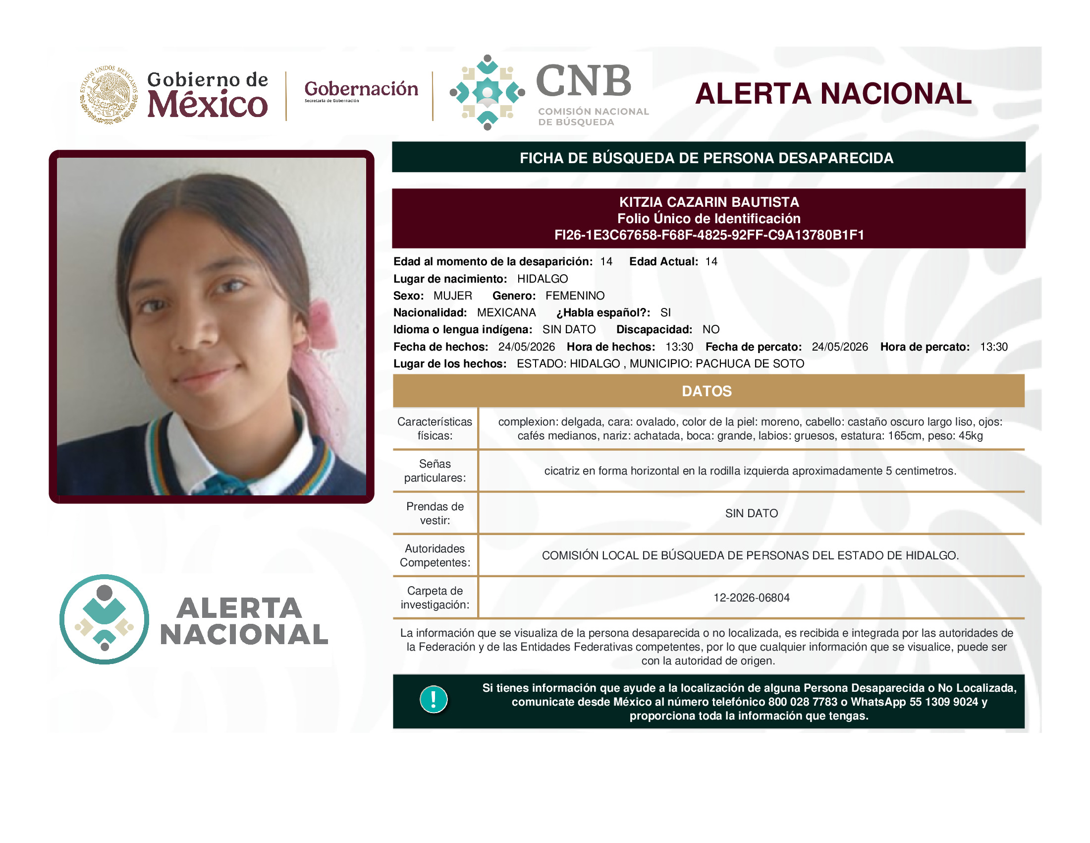 Persona desaparecida Kitzia Cazarin Bautista