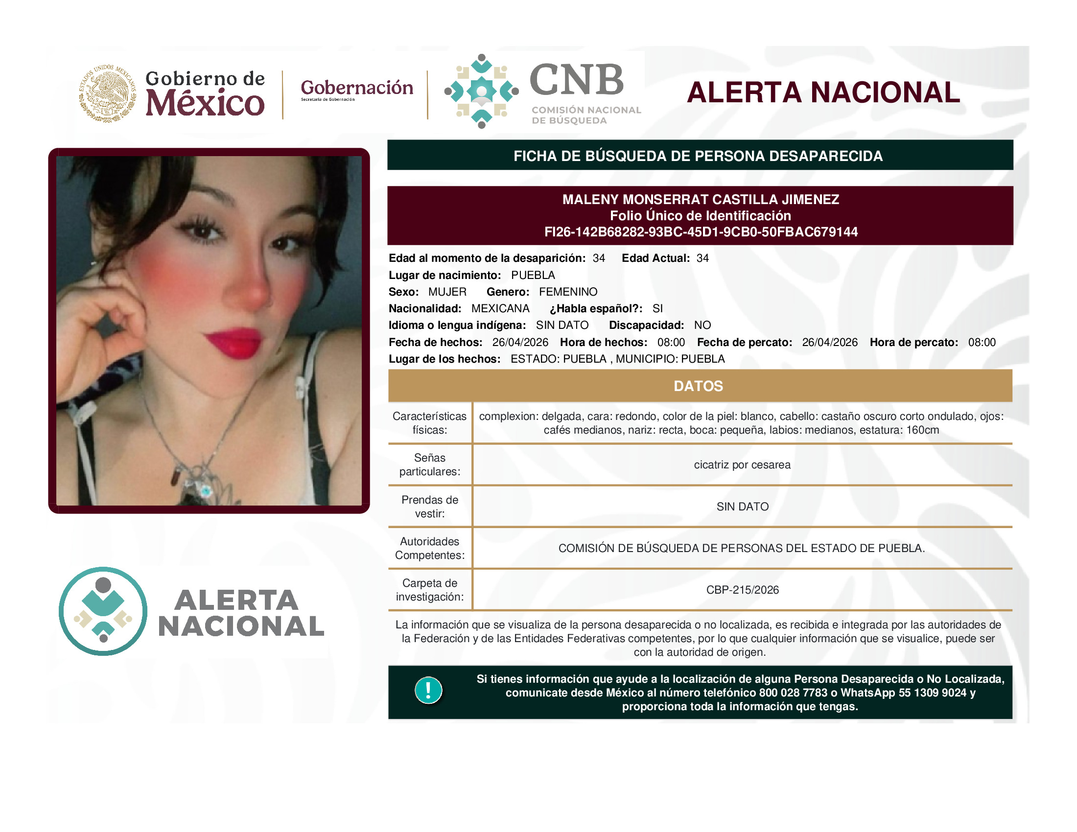 Persona desaparecida Maleny Monserrat Castilla Jimenez