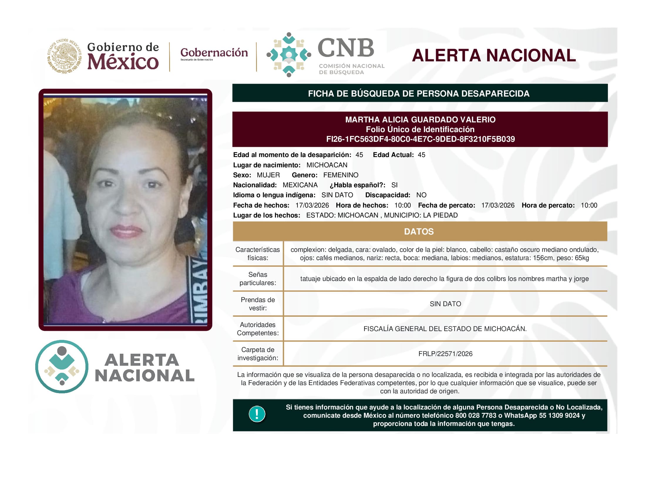 Persona desaparecida Martha Alicia Guardado Valerio