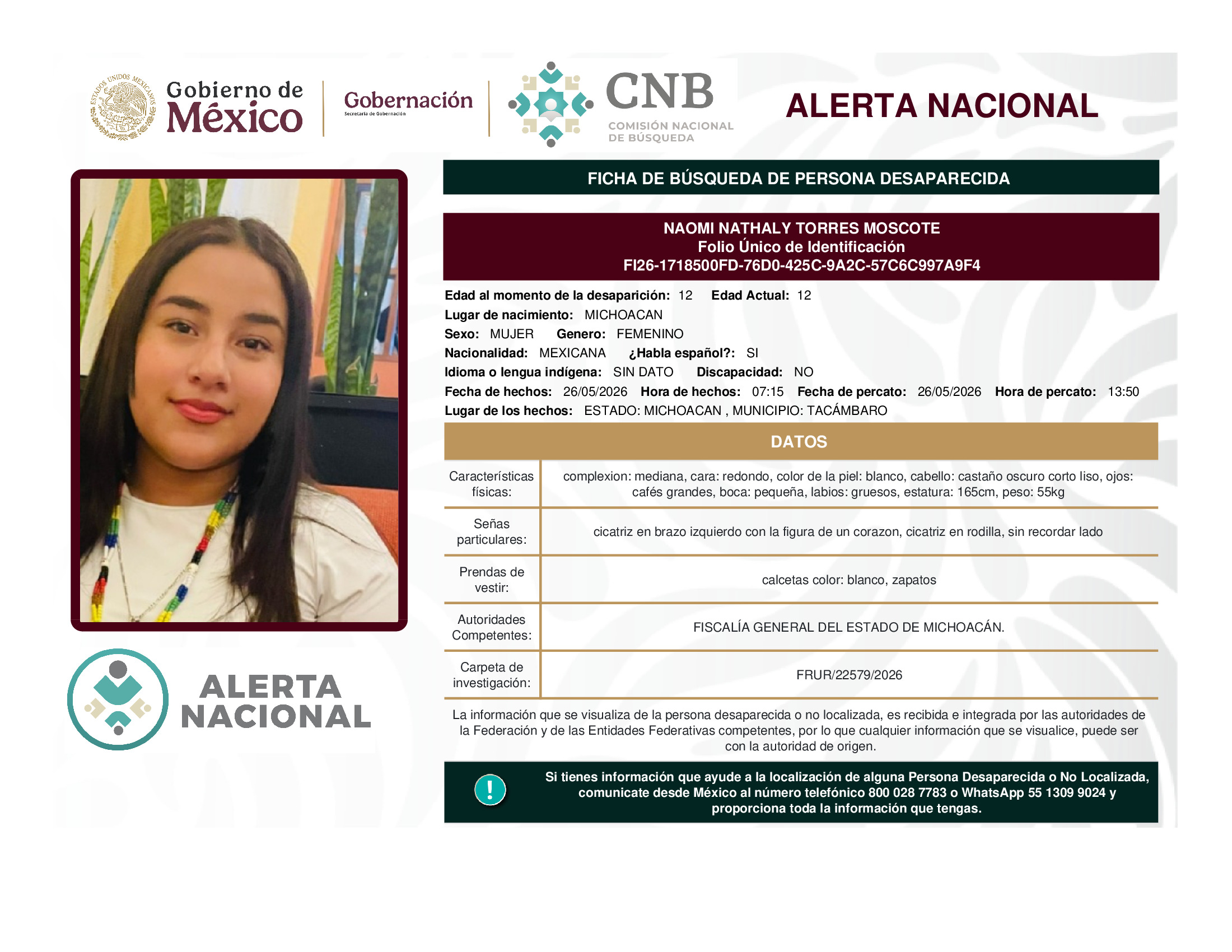 Persona desaparecida Naomi Nathaly Torres Moscote