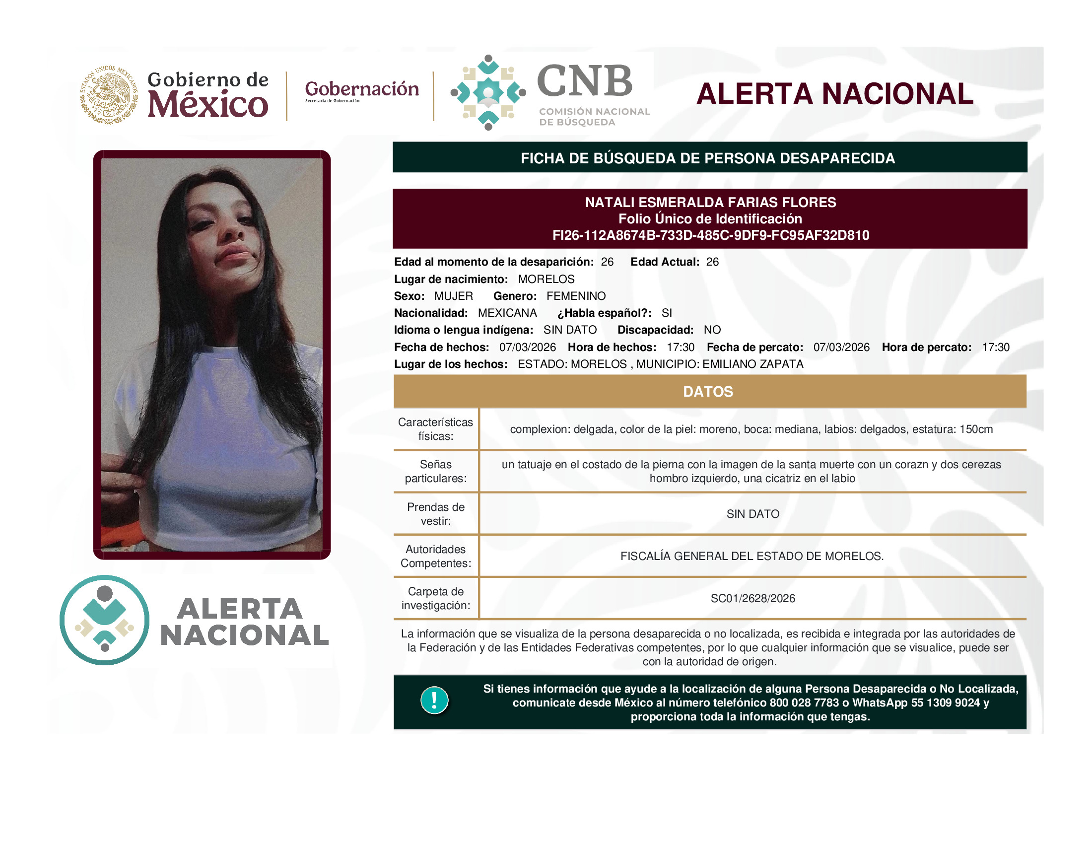 Persona desaparecida Natali Esmeralda Farias Flores