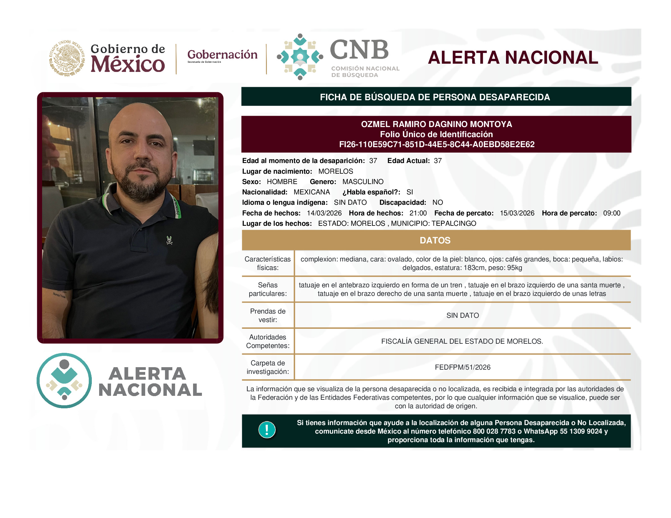 Persona desaparecida Ozmel Ramiro Dagnino Montoya
