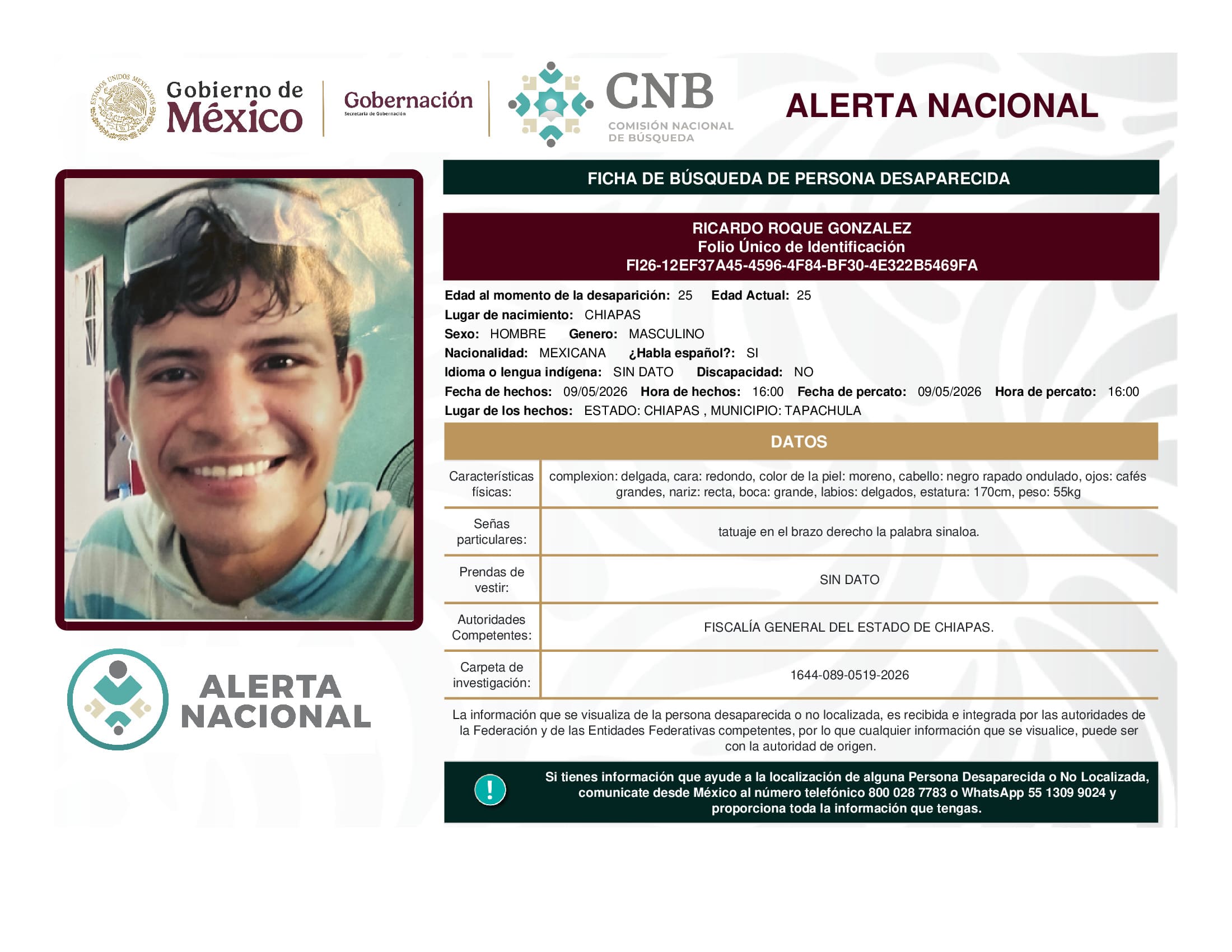 Persona desaparecida Ricardo Roque Gonzalez