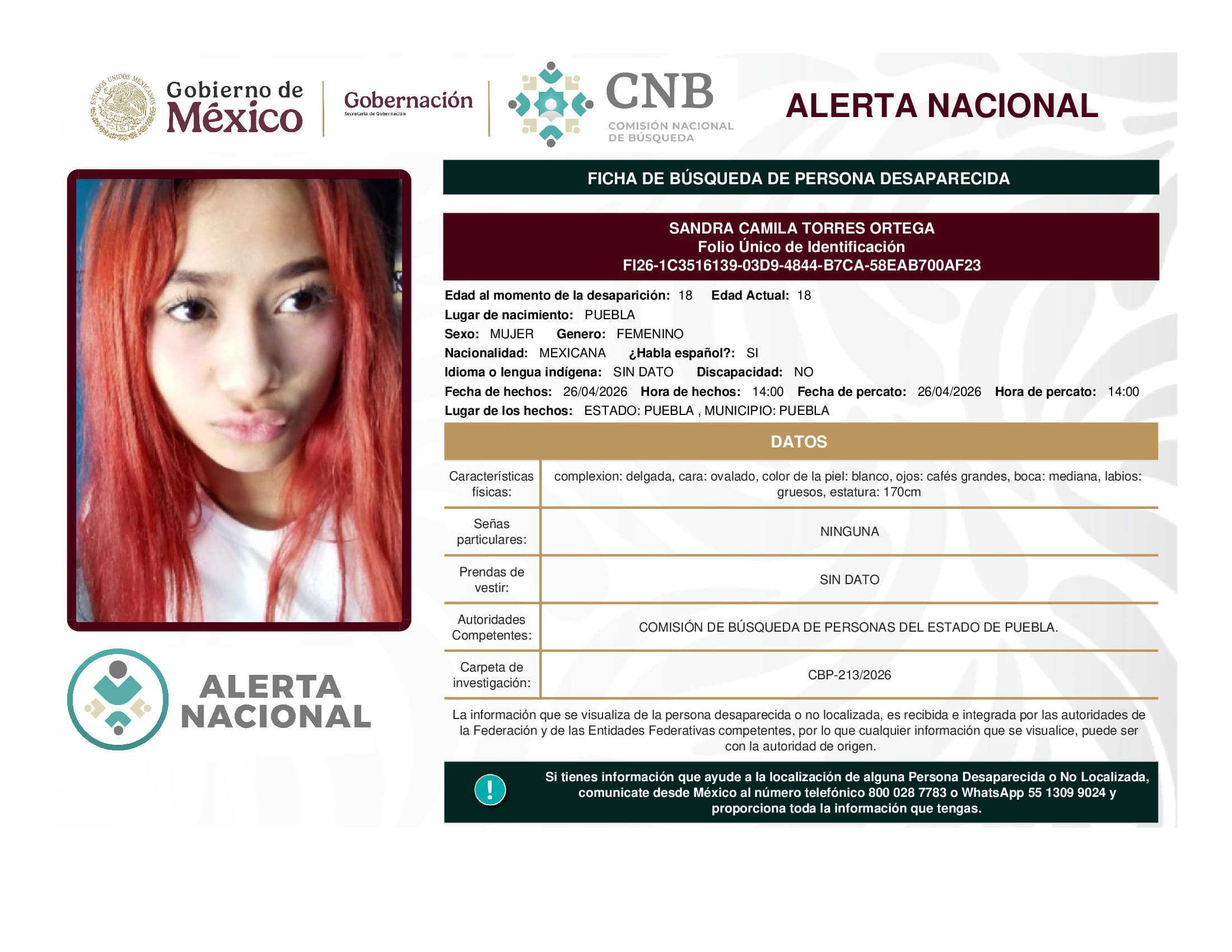 Persona desaparecida Sandra Camila Torres Ortega