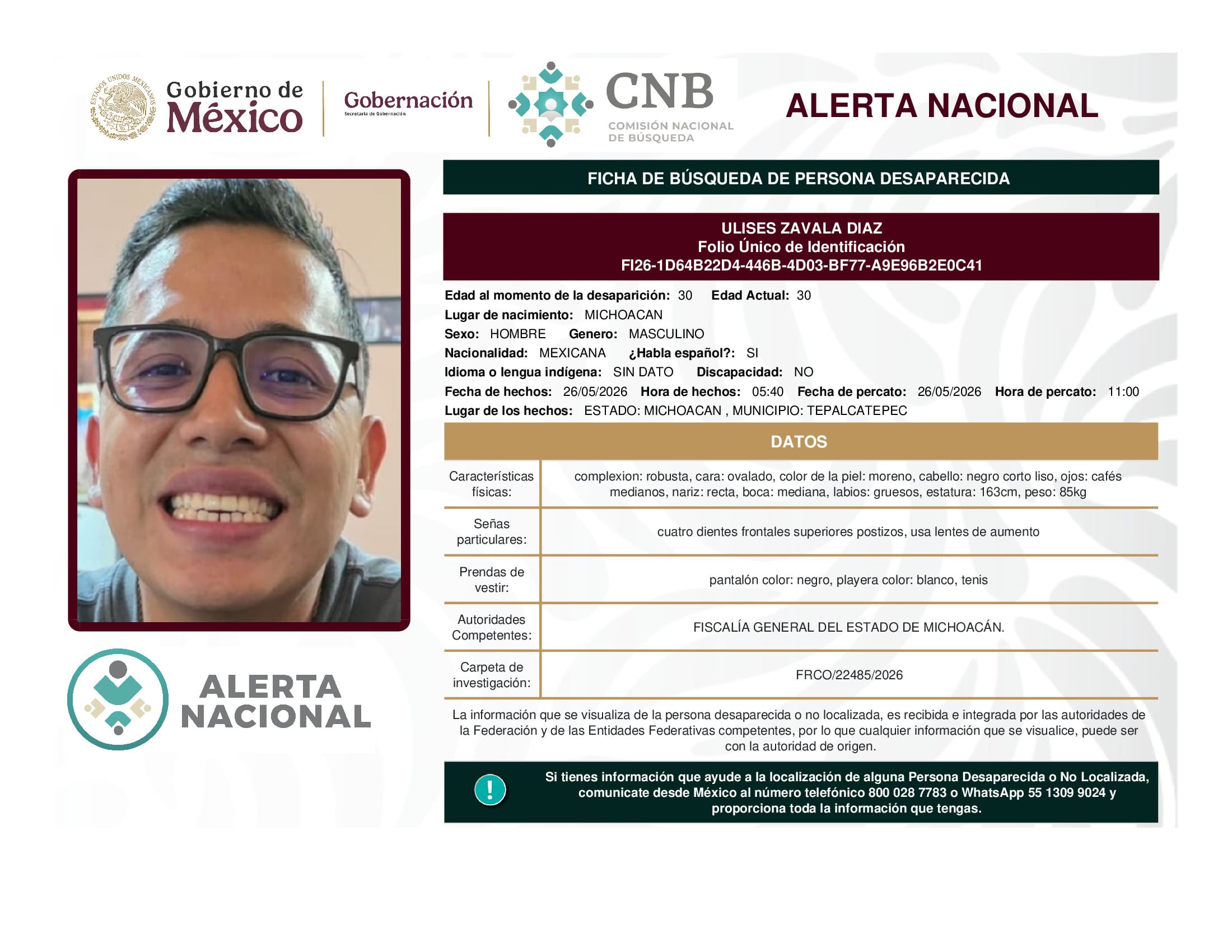 Persona desaparecida Ulises Zavala Diaz