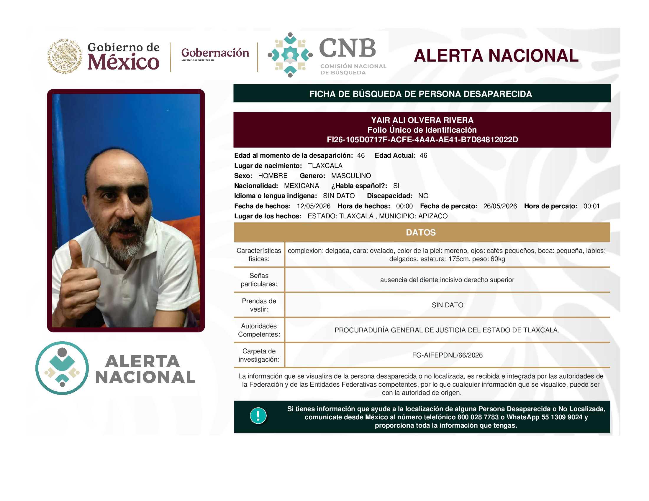 Persona desaparecida Yair Ali Olvera Rivera