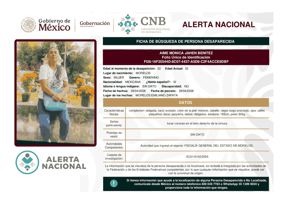 Persona desaparecida Aime Mónica Jahen Benitez