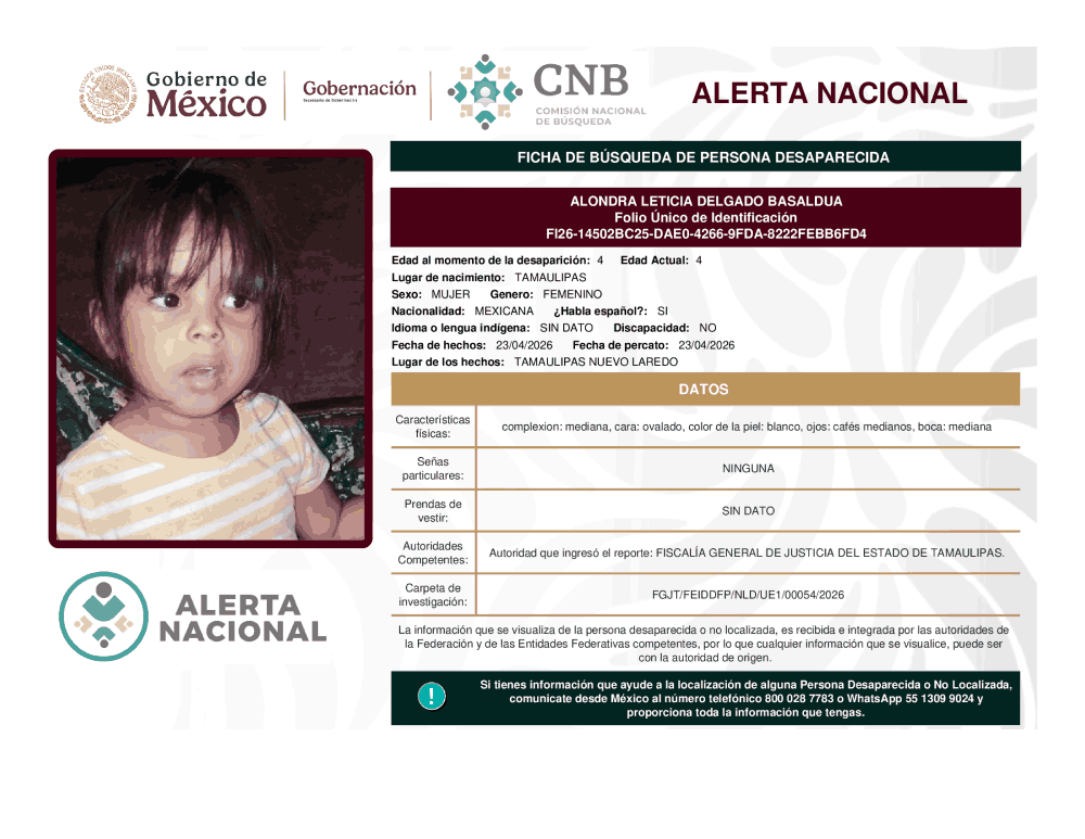 Persona desaparecida Alondra Leticia Delgado Basaldua