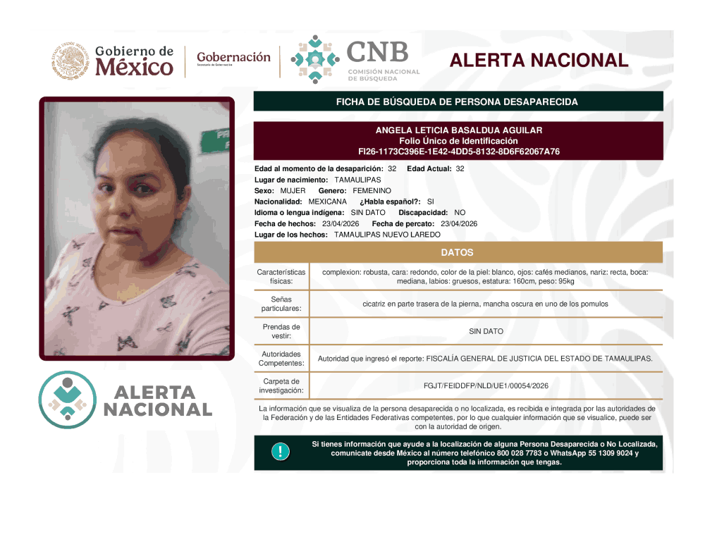 Persona desaparecida Angela Leticia Basaldua Aguilar