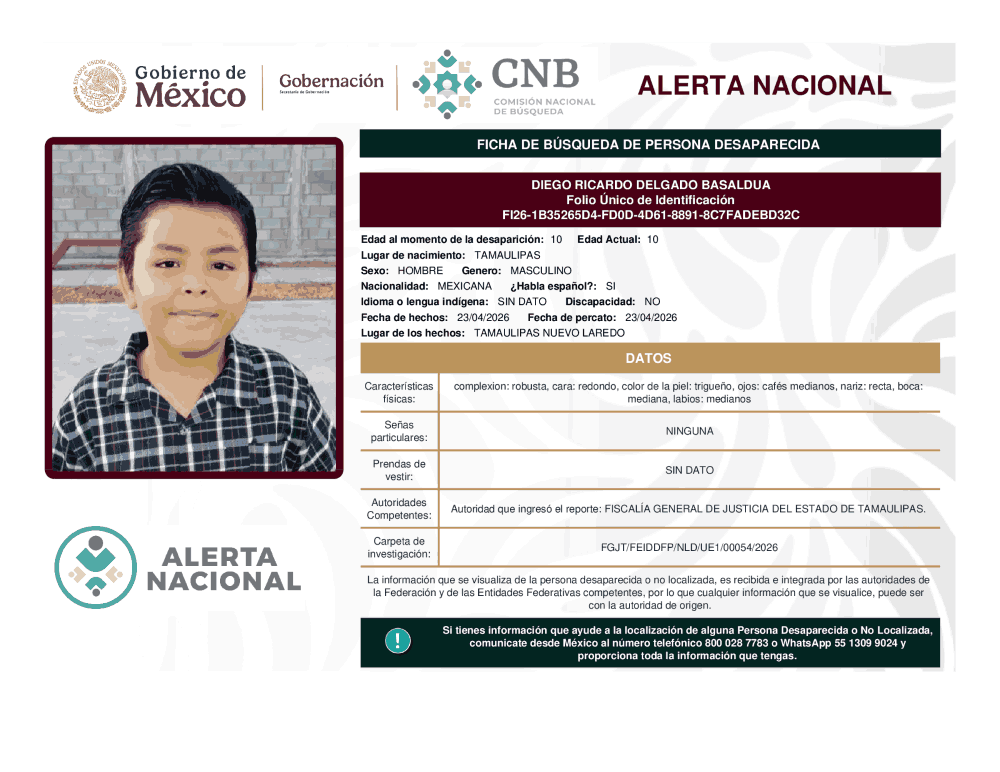 Persona desaparecida Diego Ricardo Delgado Basaldua