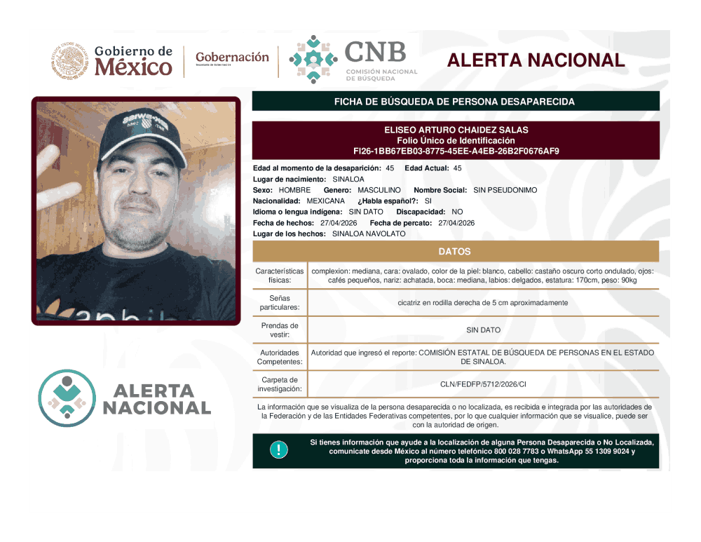Persona desaparecida Eliseo Arturo Chaidez Salas