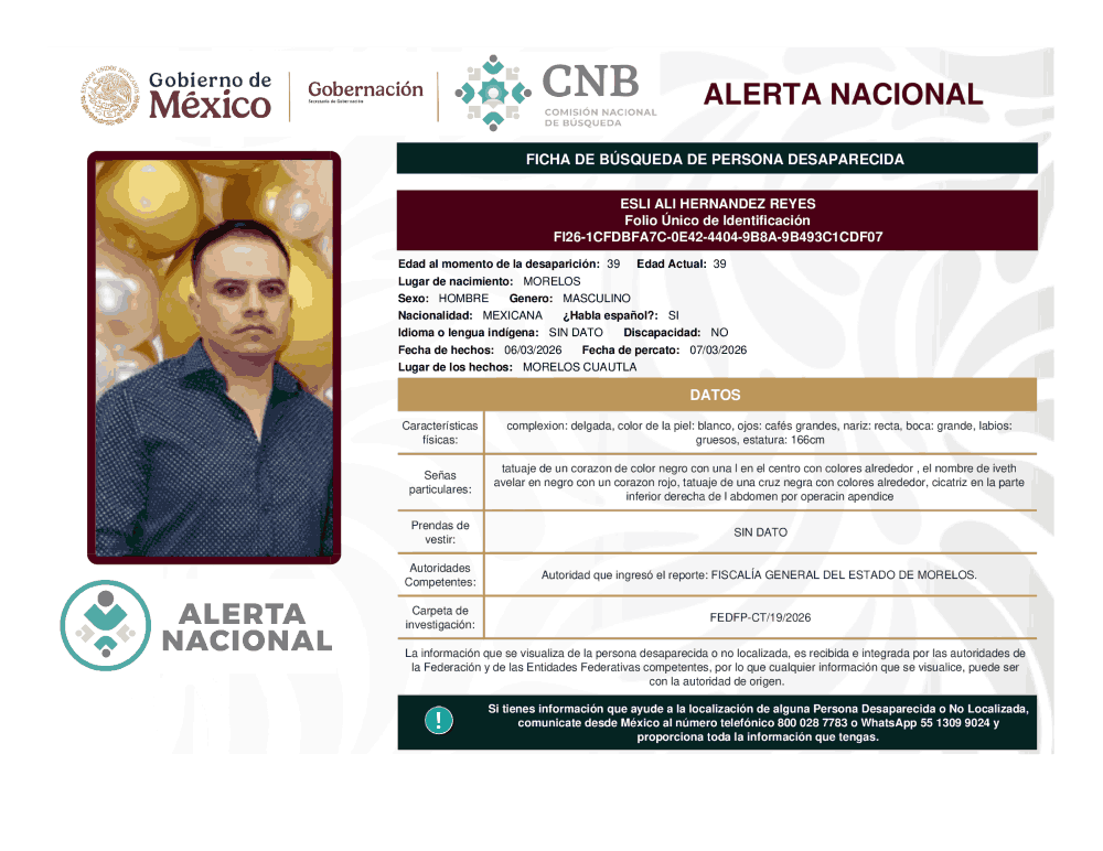 Persona desaparecida Esli Ali Hernández Reyes