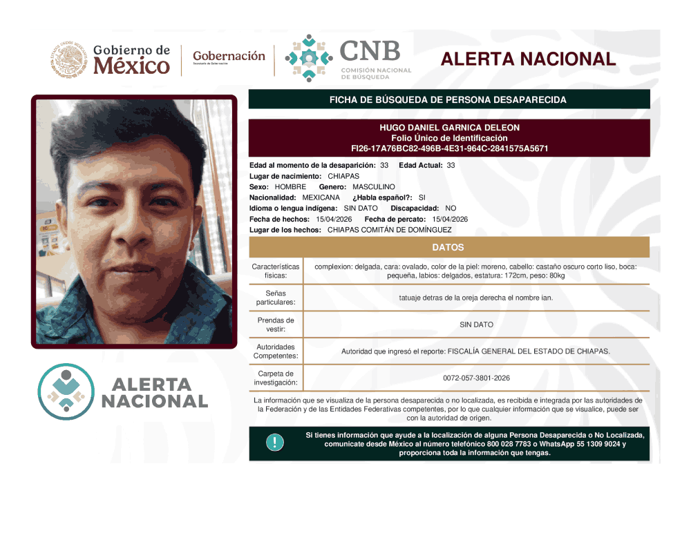 Persona desaparecida Hugo Daniel Garnica de León
