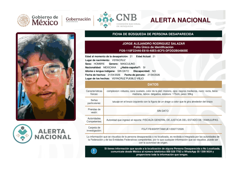 Persona desaparecida Jorge Alejandro Rodríguez Salazar
