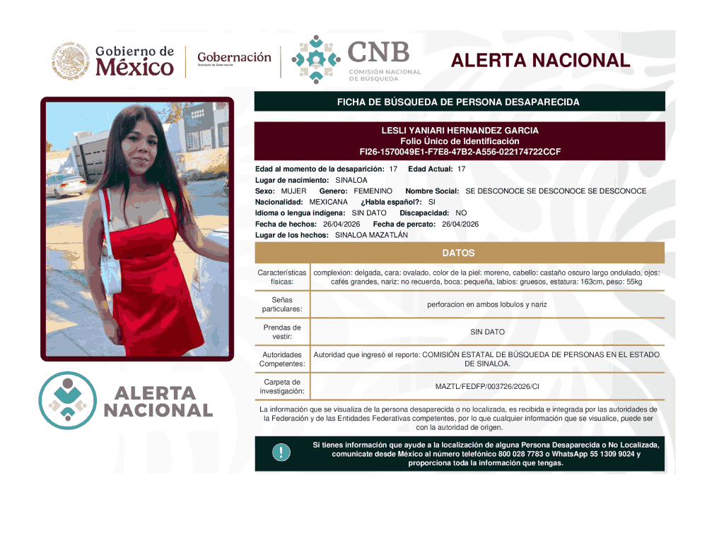 Persona desaparecida Lesli Yaniari Hernández García