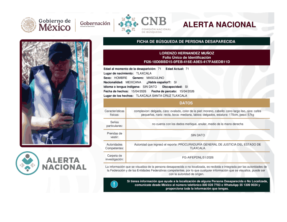 Persona desaparecida Lorenzo Hernández Muñoz