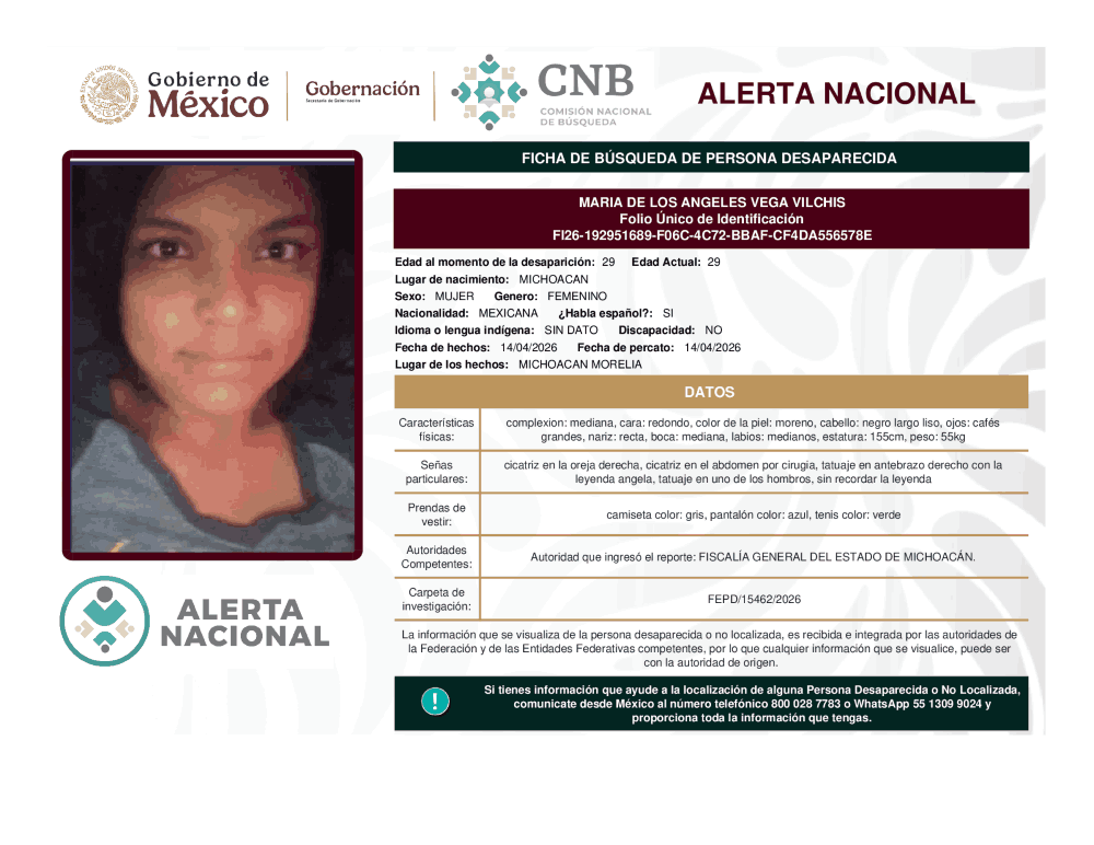 Persona desaparecida María de los Angeles Vega Vilchis