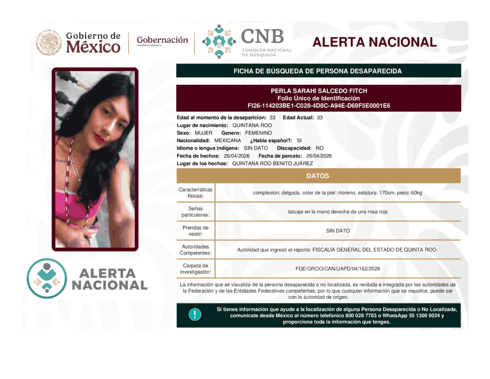 Persona desaparecida Perla Sarahi Salcedo Fitch