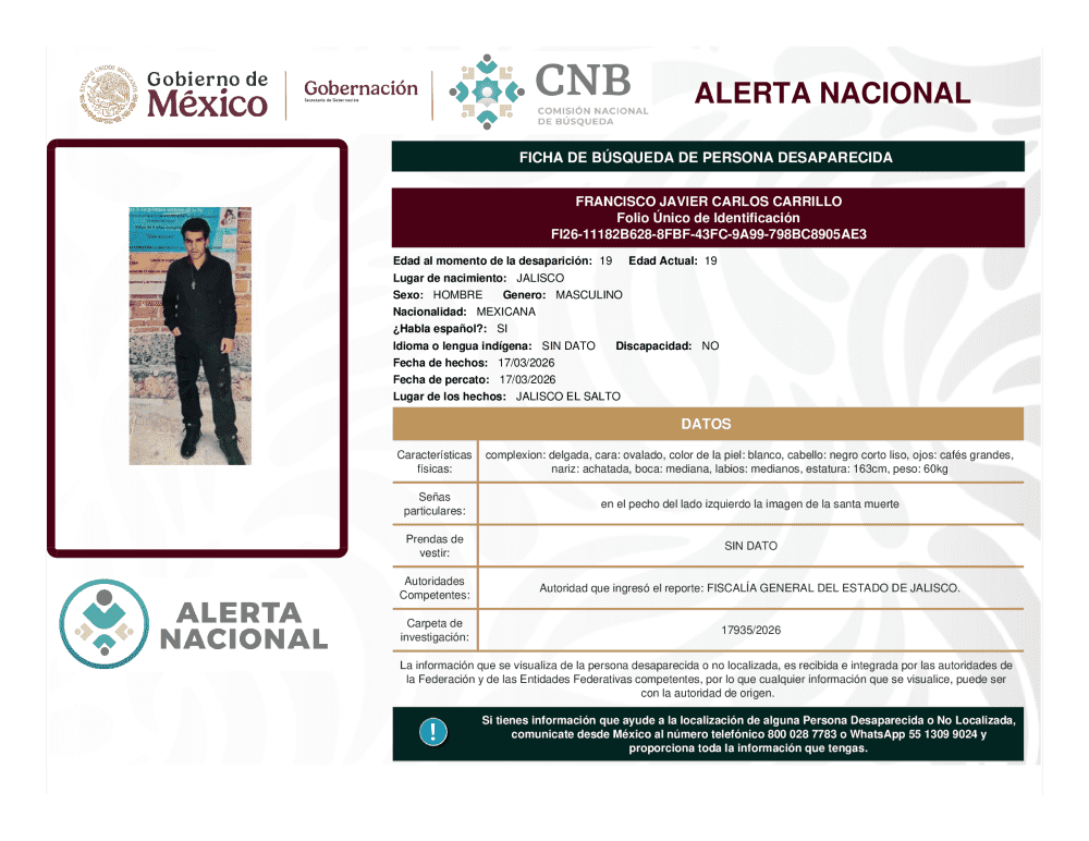 Persona desaparecida Francisco Javier Carlos