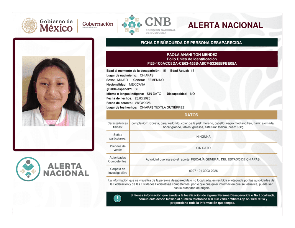 Persona desaparecida Paola Anahi Ton