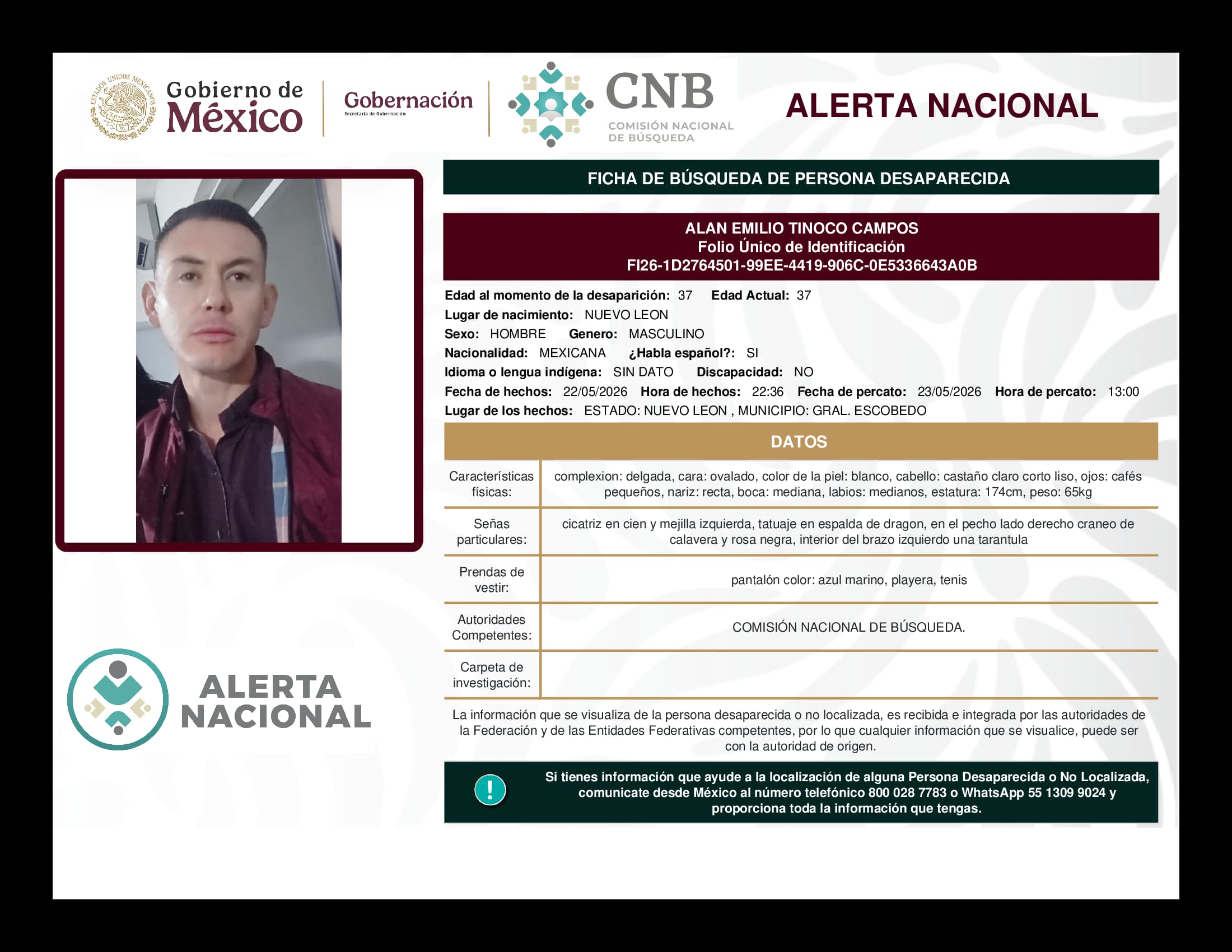 Persona desaparecida Alan Emilio Tinoco Campos