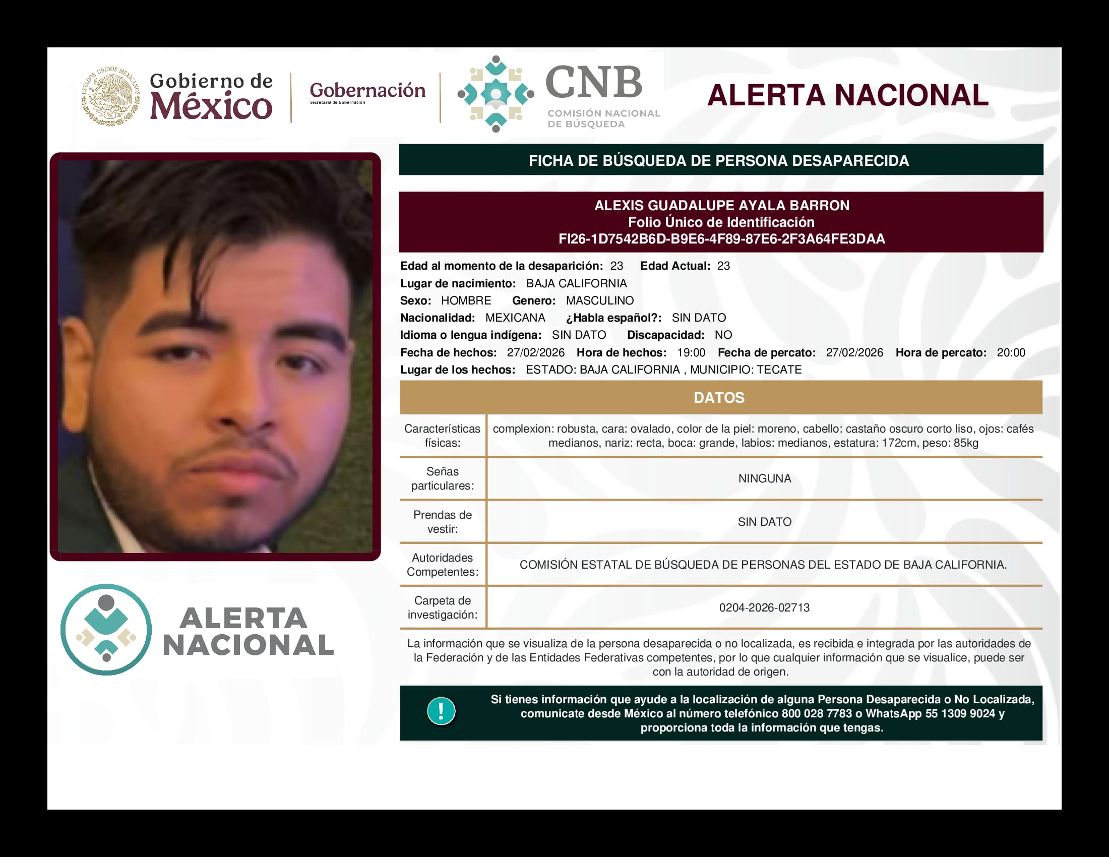 Persona desaparecida Alexis Guadalupe Ayala Barron