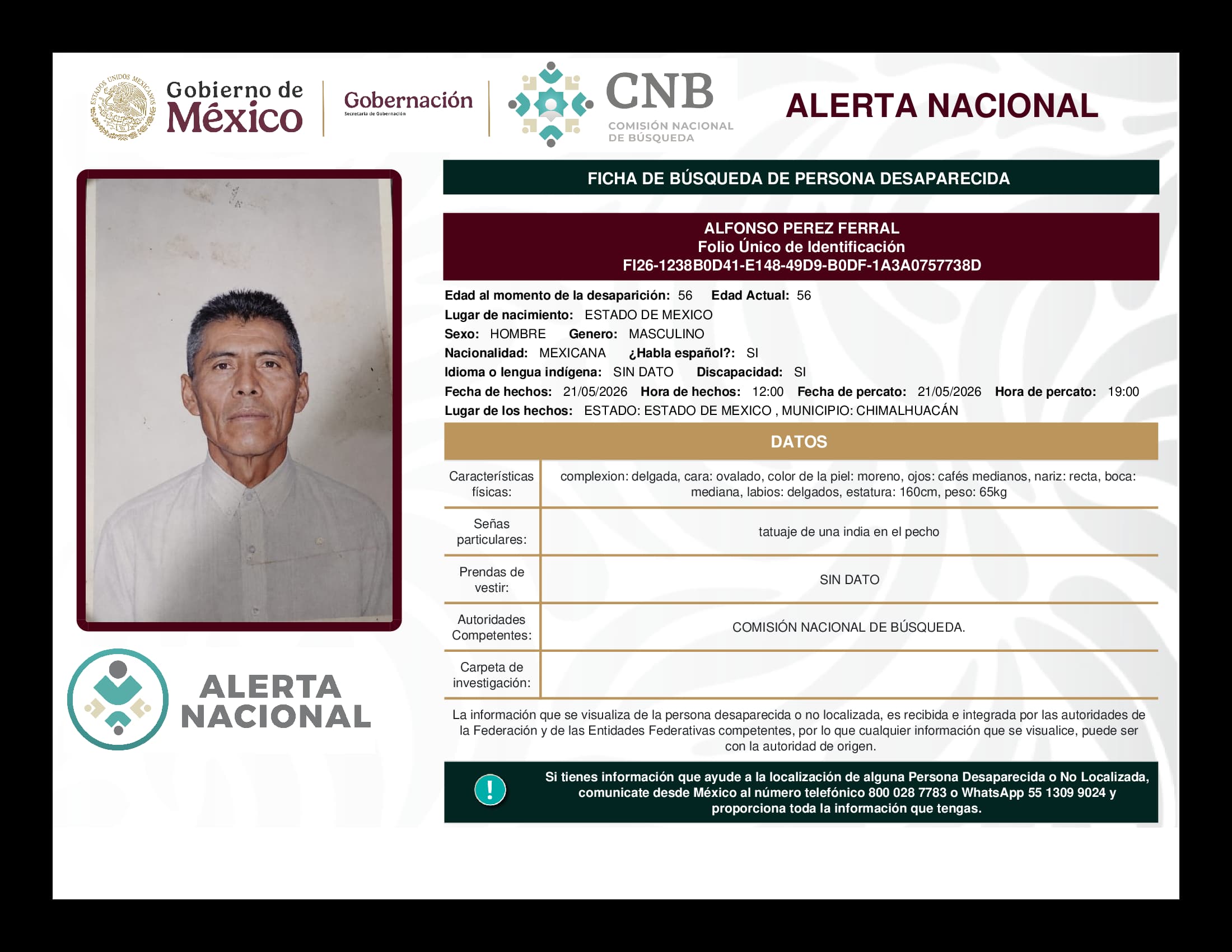 Persona desaparecida Alfonso Perez Ferral