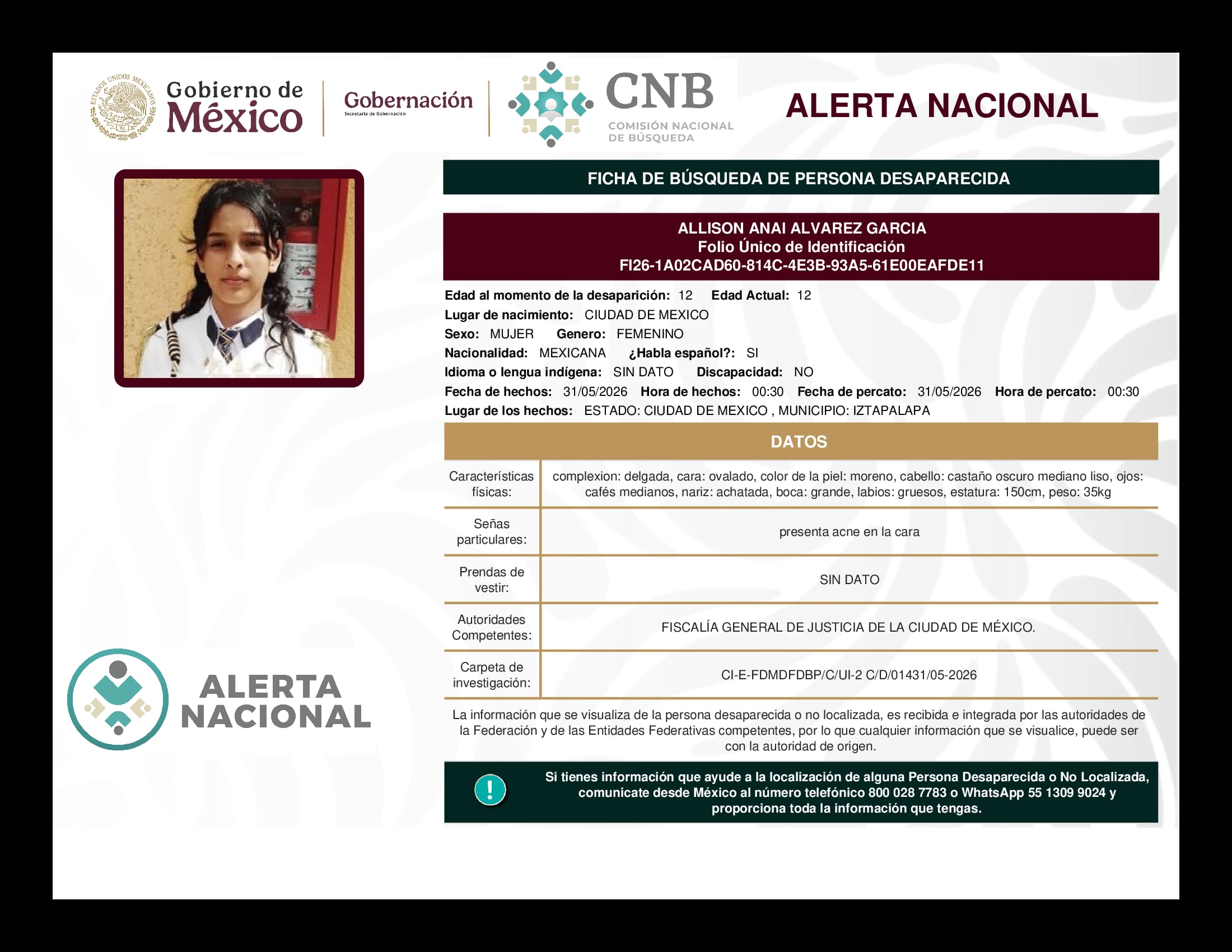 Persona desaparecida Allison Anai Alvarez Garcia