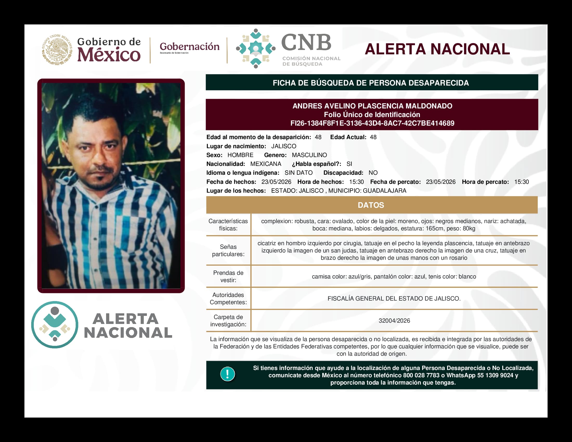 Persona desaparecida Andres Avelino Plascencia Maldonado
