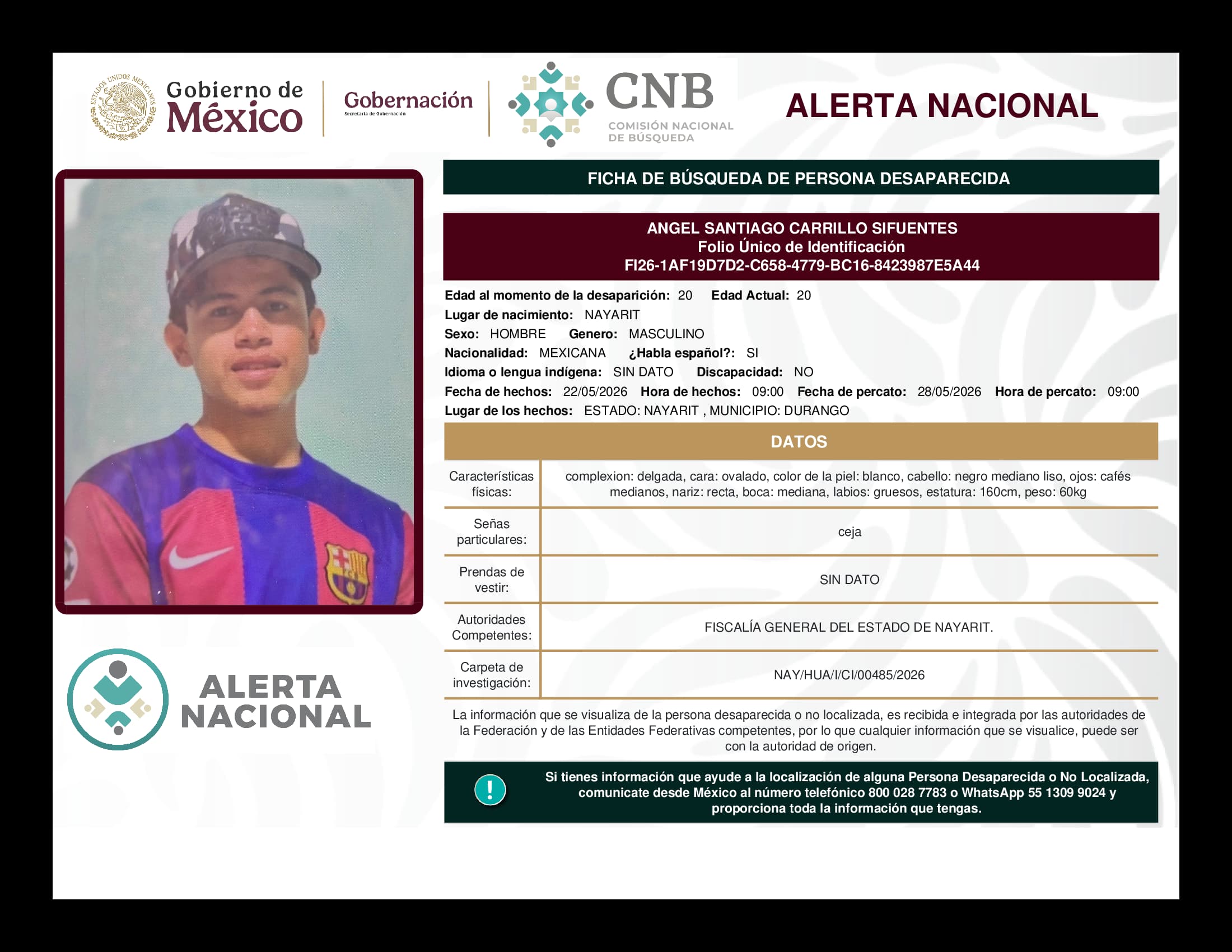 Persona desaparecida Angel Santiago Carrillo Sifuentes