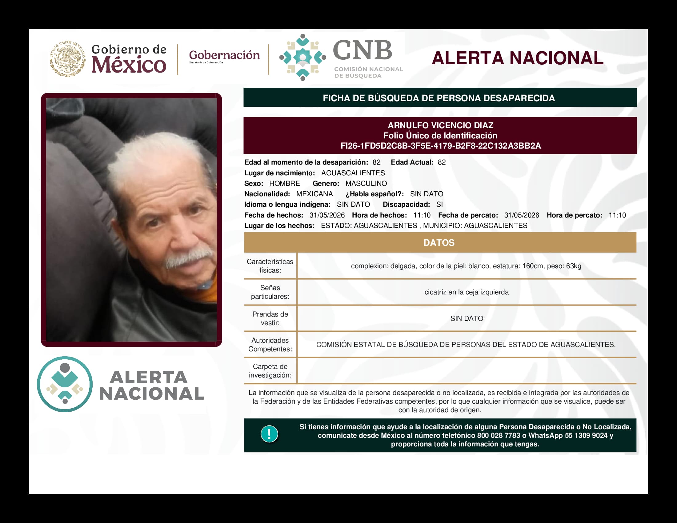 Persona desaparecida Arnulfo Vicencio Diaz