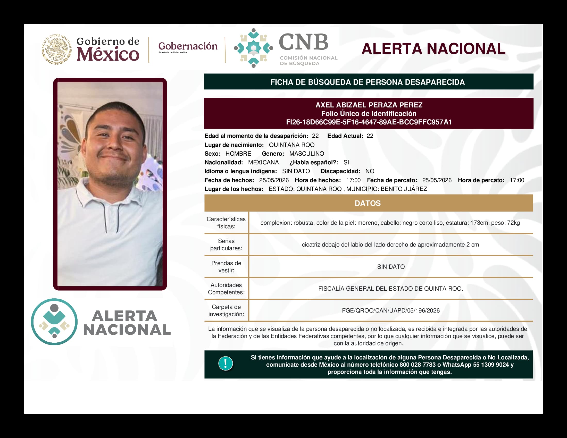 Persona desaparecida Axel Abizael Peraza Perez