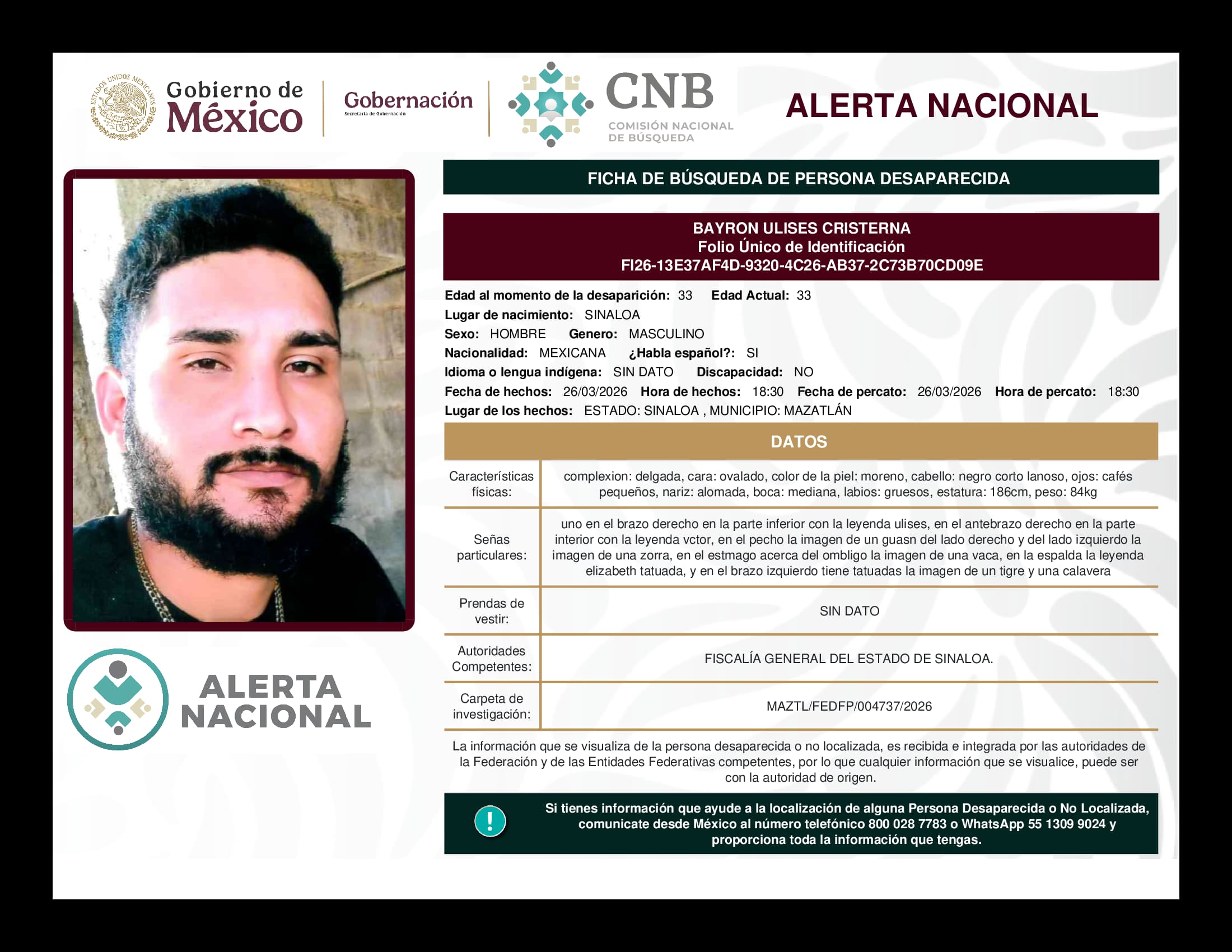 Persona desaparecida Bayron Ulises Cristerna
