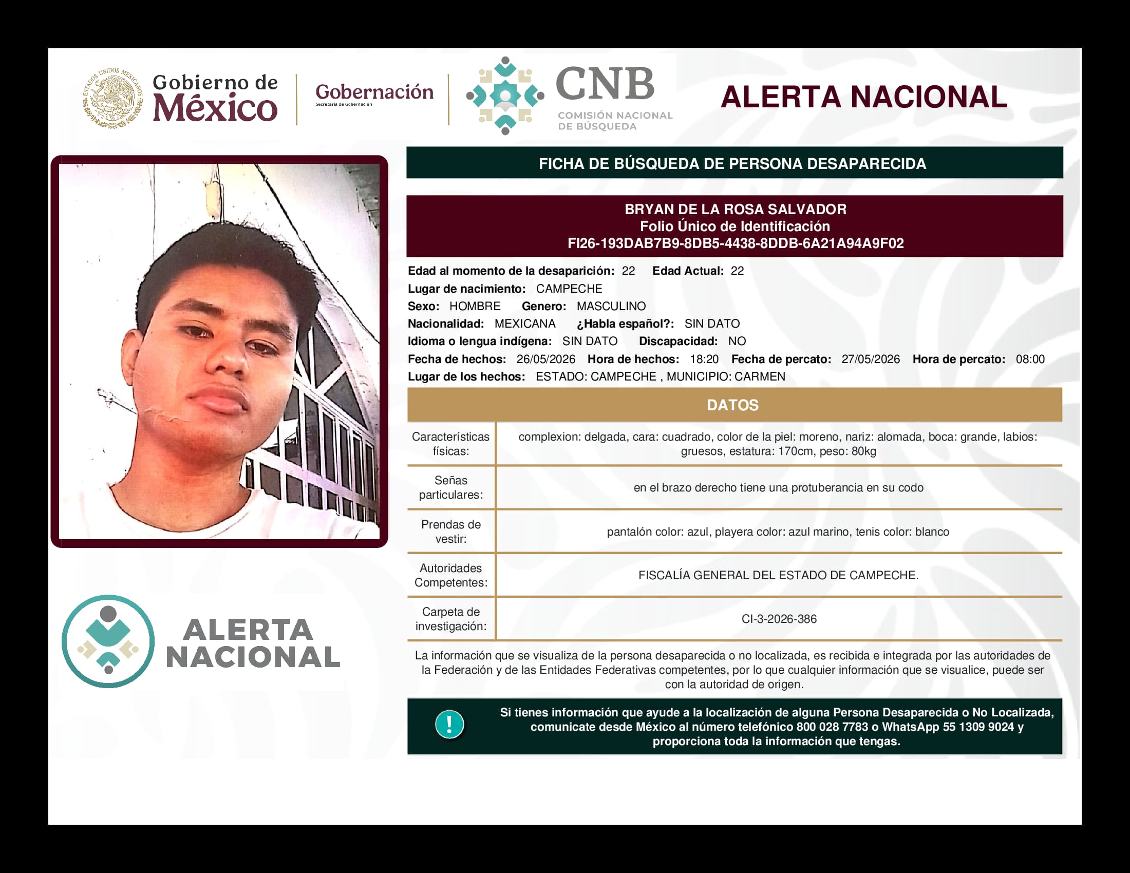 Persona desaparecida Bryan De La Rosa Salvador
