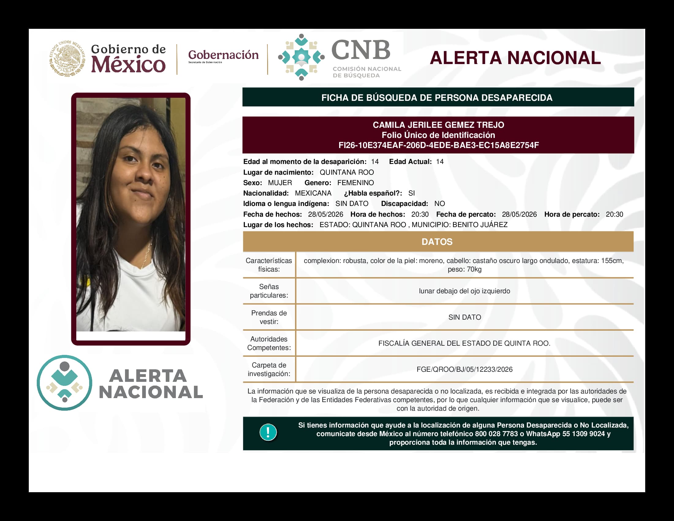 Persona desaparecida Camila Jerilee Gemez Trejo