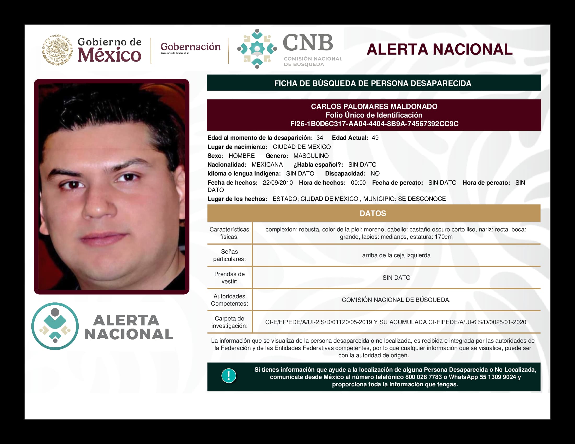 Persona desaparecida Carlos Palomares Maldonado