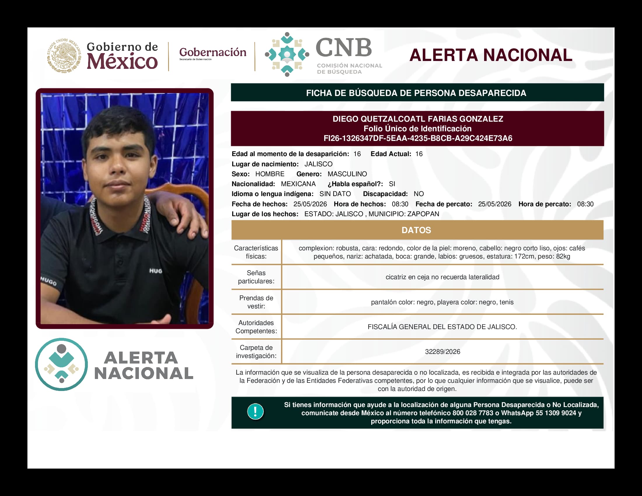 Persona desaparecida Diego Quetzalcoatl Farias Gonzalez