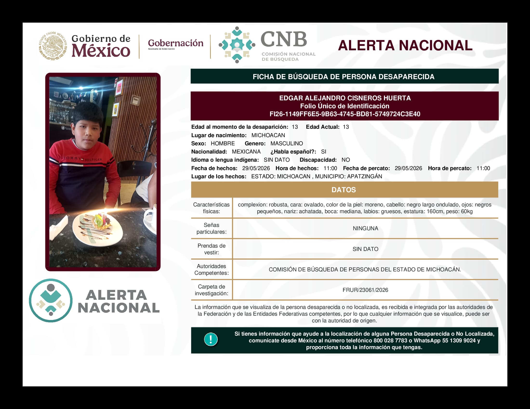 Persona desaparecida Edgar Alejandro Cisneros Huerta