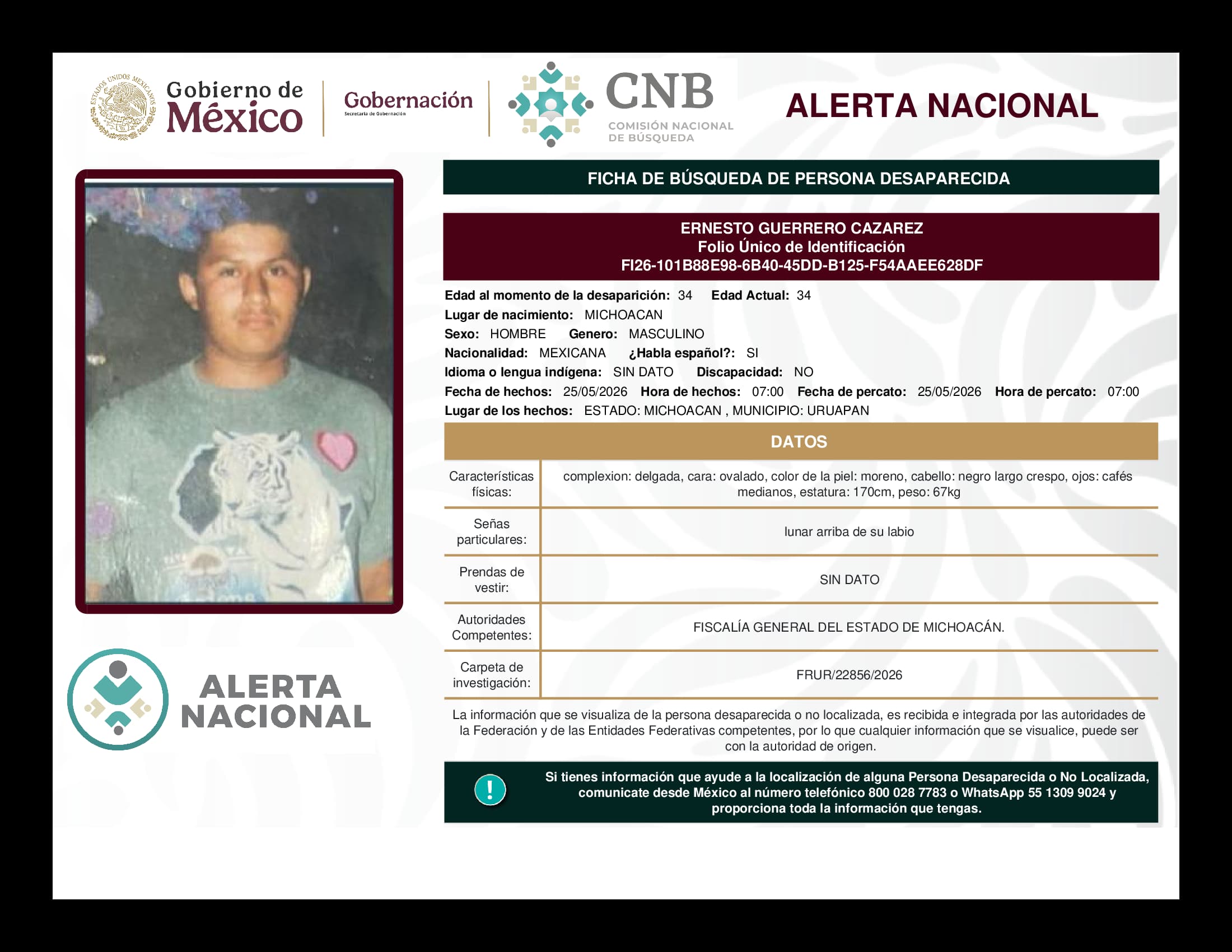 Persona desaparecida Ernesto Guerrero Cazarez
