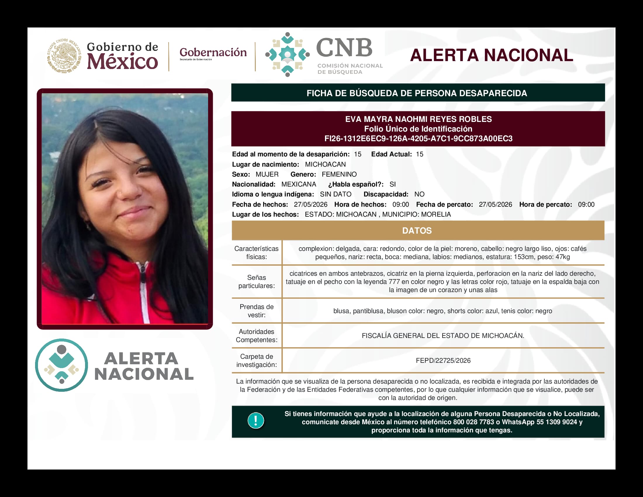 Persona desaparecida Eva Mayra Naohmi Reyes Robles