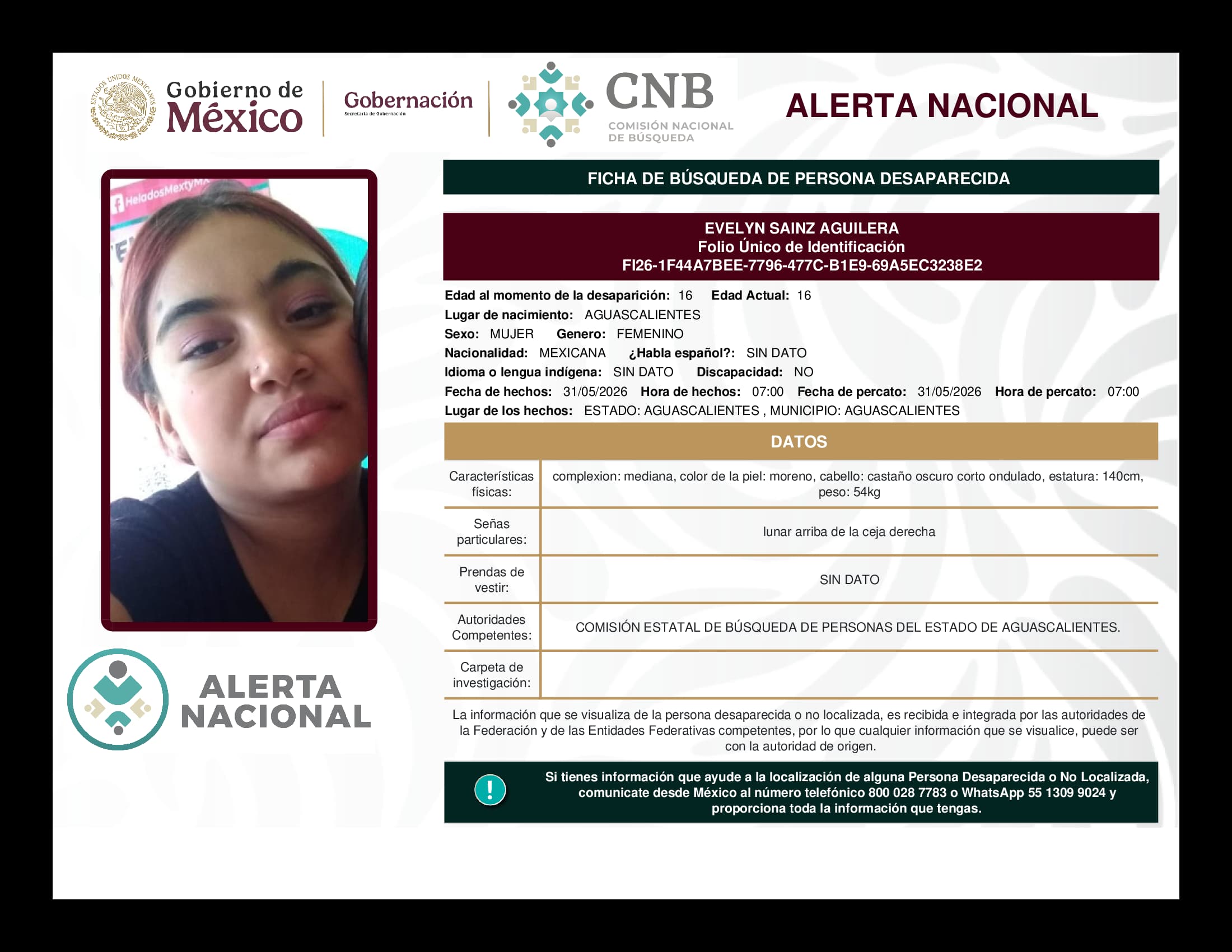 Persona desaparecida Evelyn Sainz Aguilera